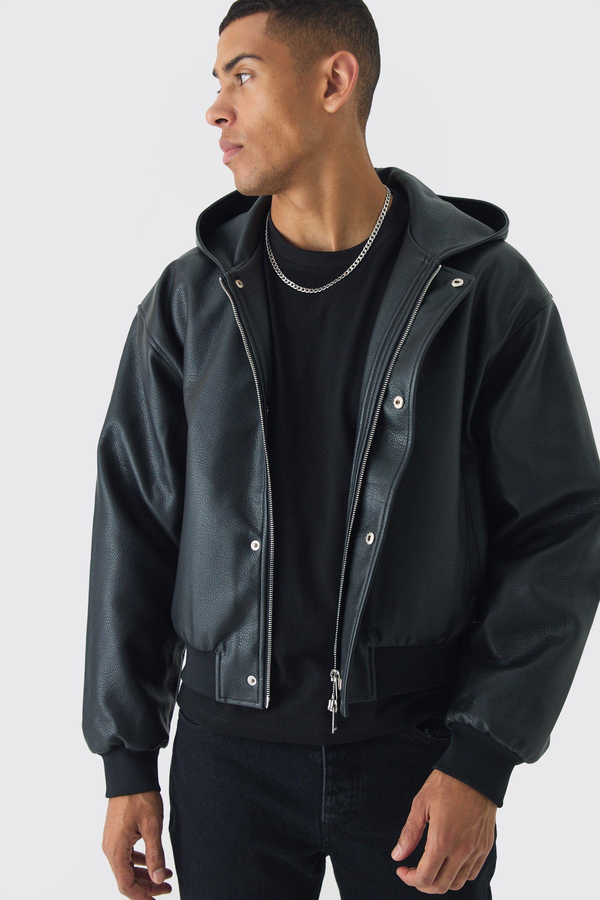 Mens Boxy Hooded PU Bomber Jacket In Black, Black