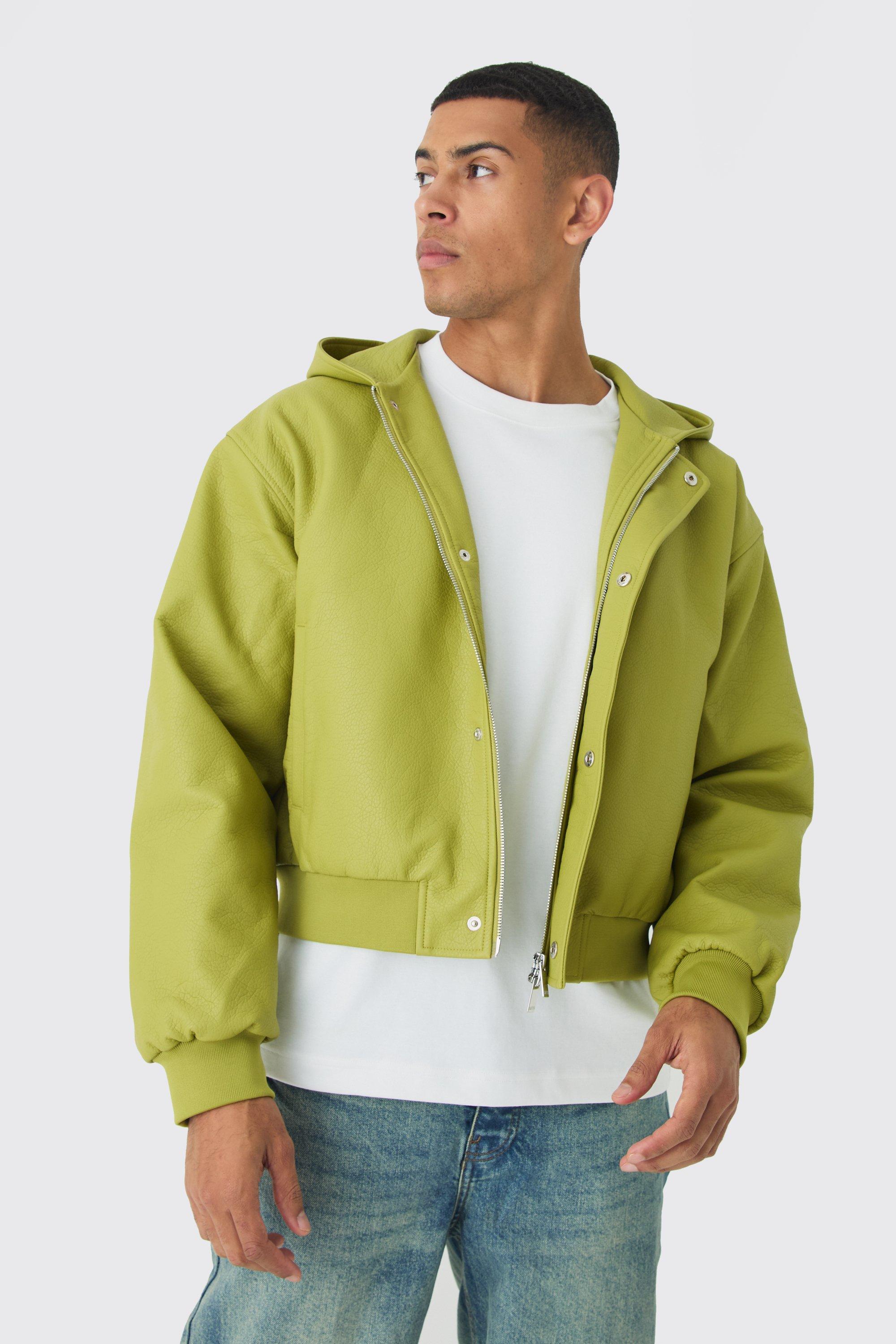 Giacca Bomber squadrata in PU color lime con cappuccio, Verde