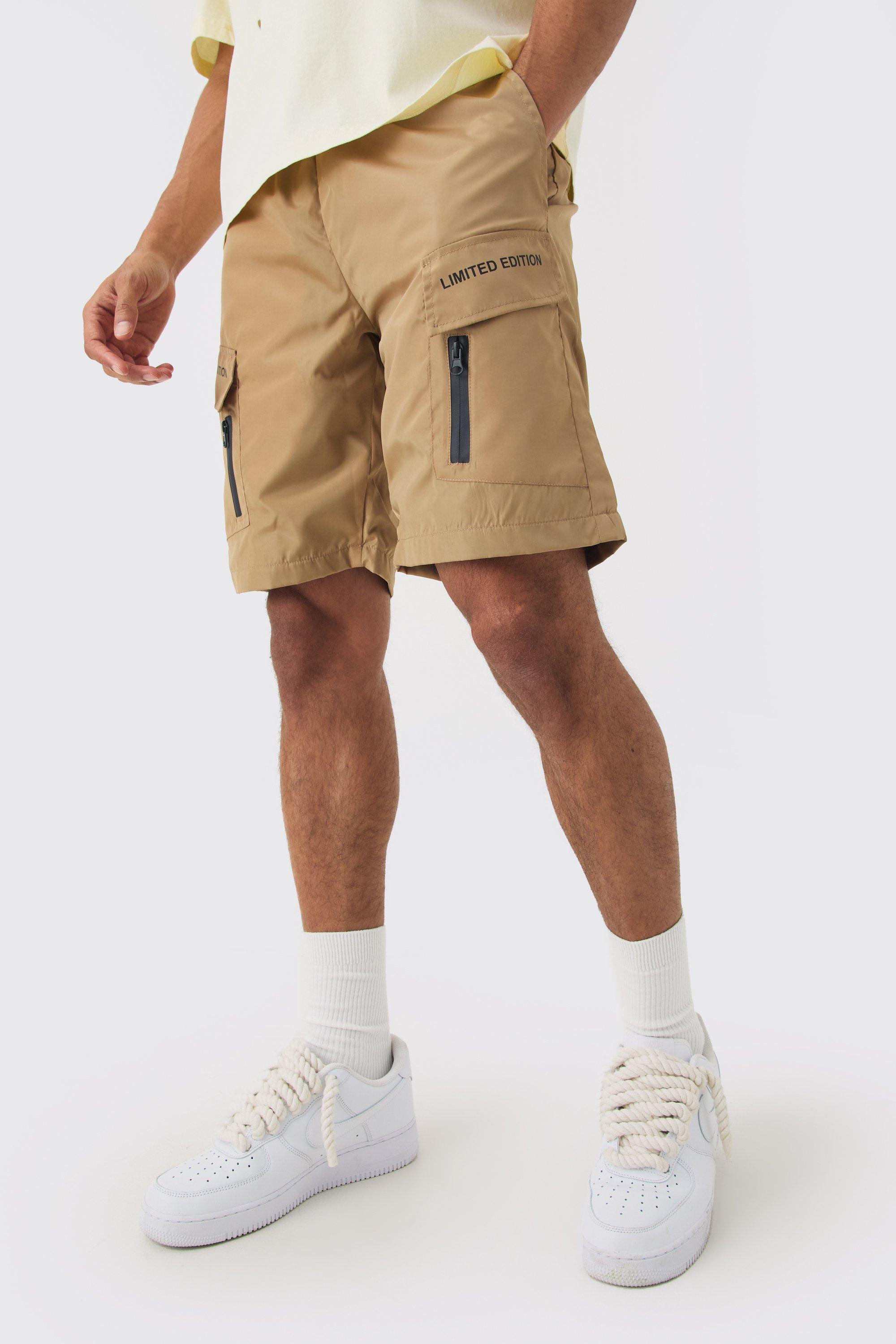 Mens Brown Limited Edition Nylon Elastic Waist Cargo Shorts, Brown