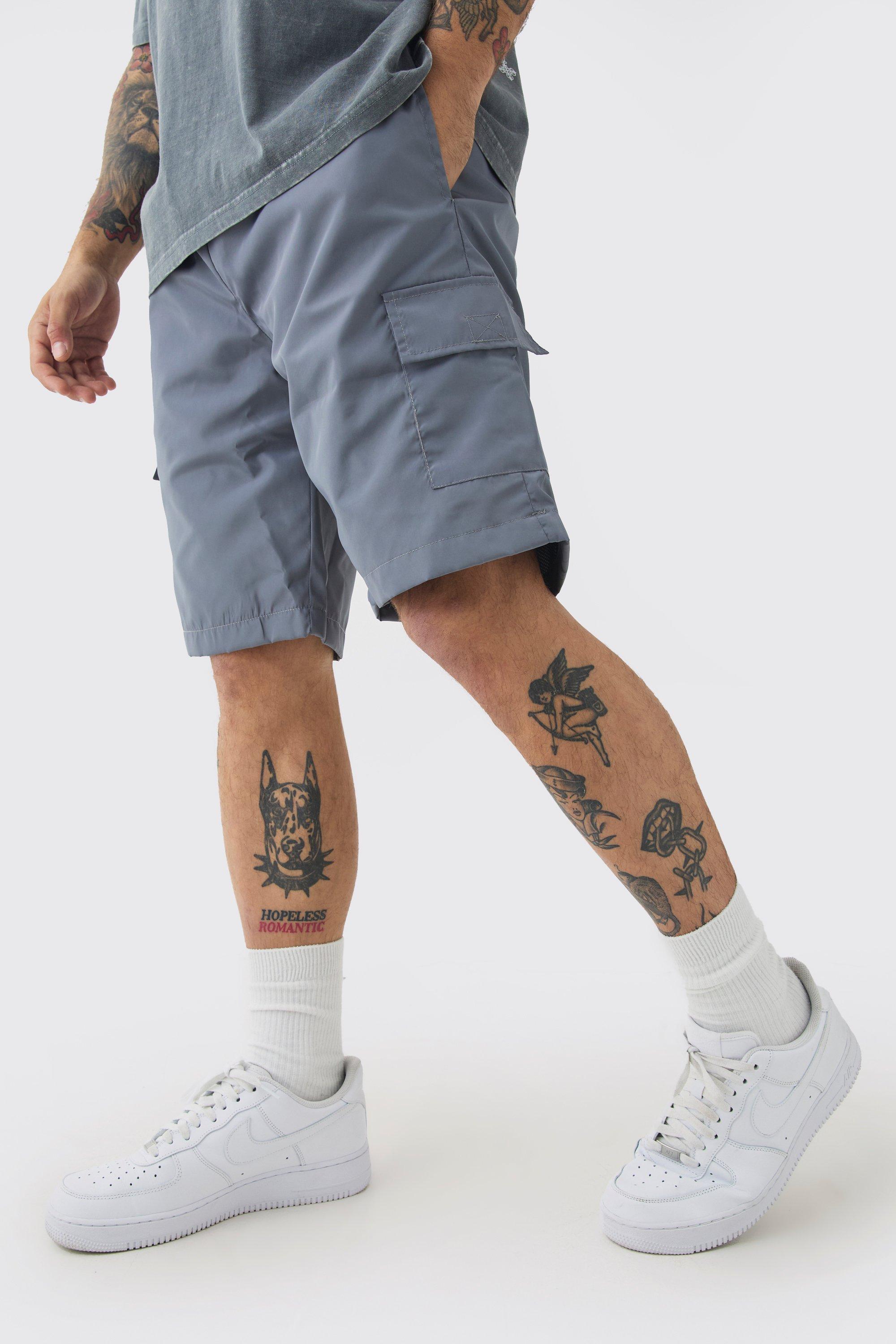 Mens Grey Nylon Elastic Waist Cargo Shorts, Grey