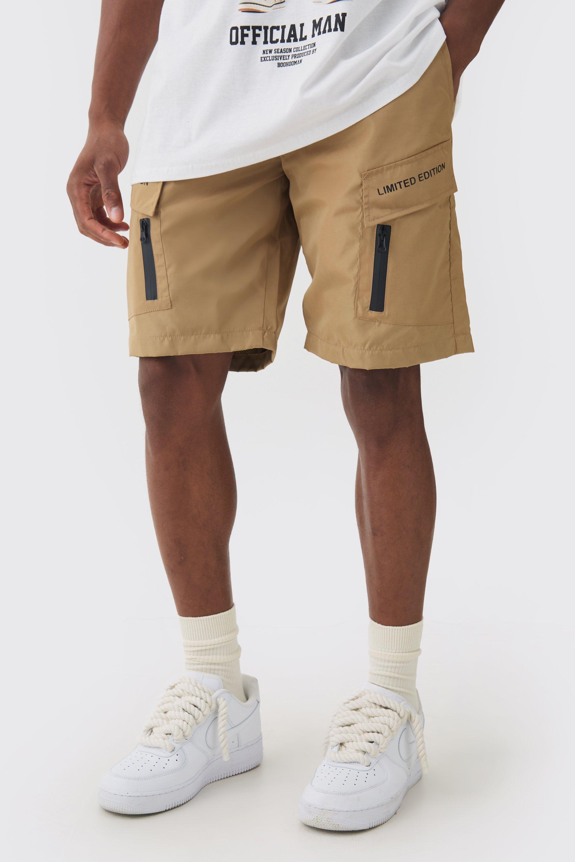 Mens Brown Limited Edition Nylon Elastic Waist Cargo Shorts, Brown