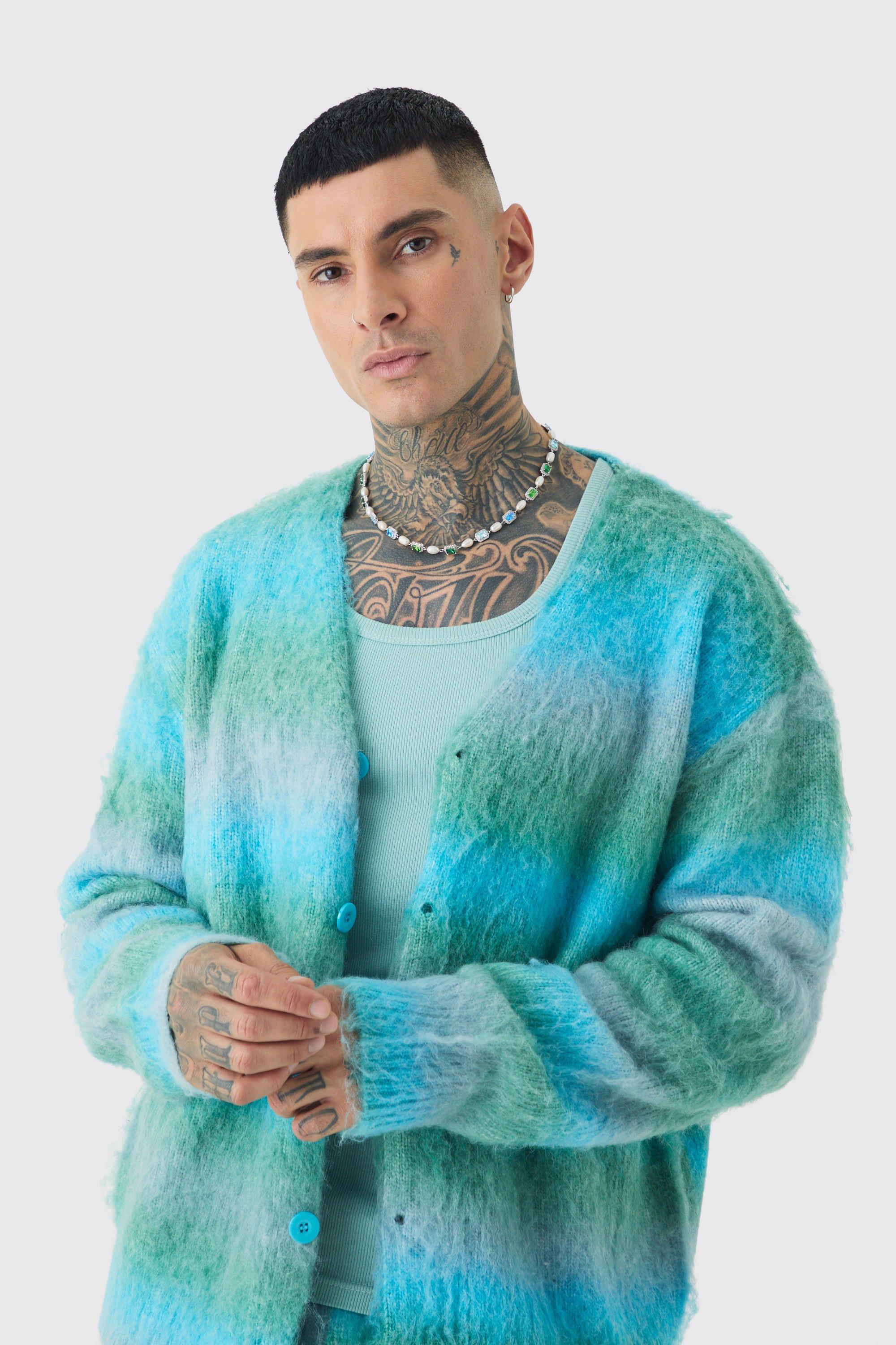 Cardigan Tall squadrato in maglia spazzolata a righe, Azzurro