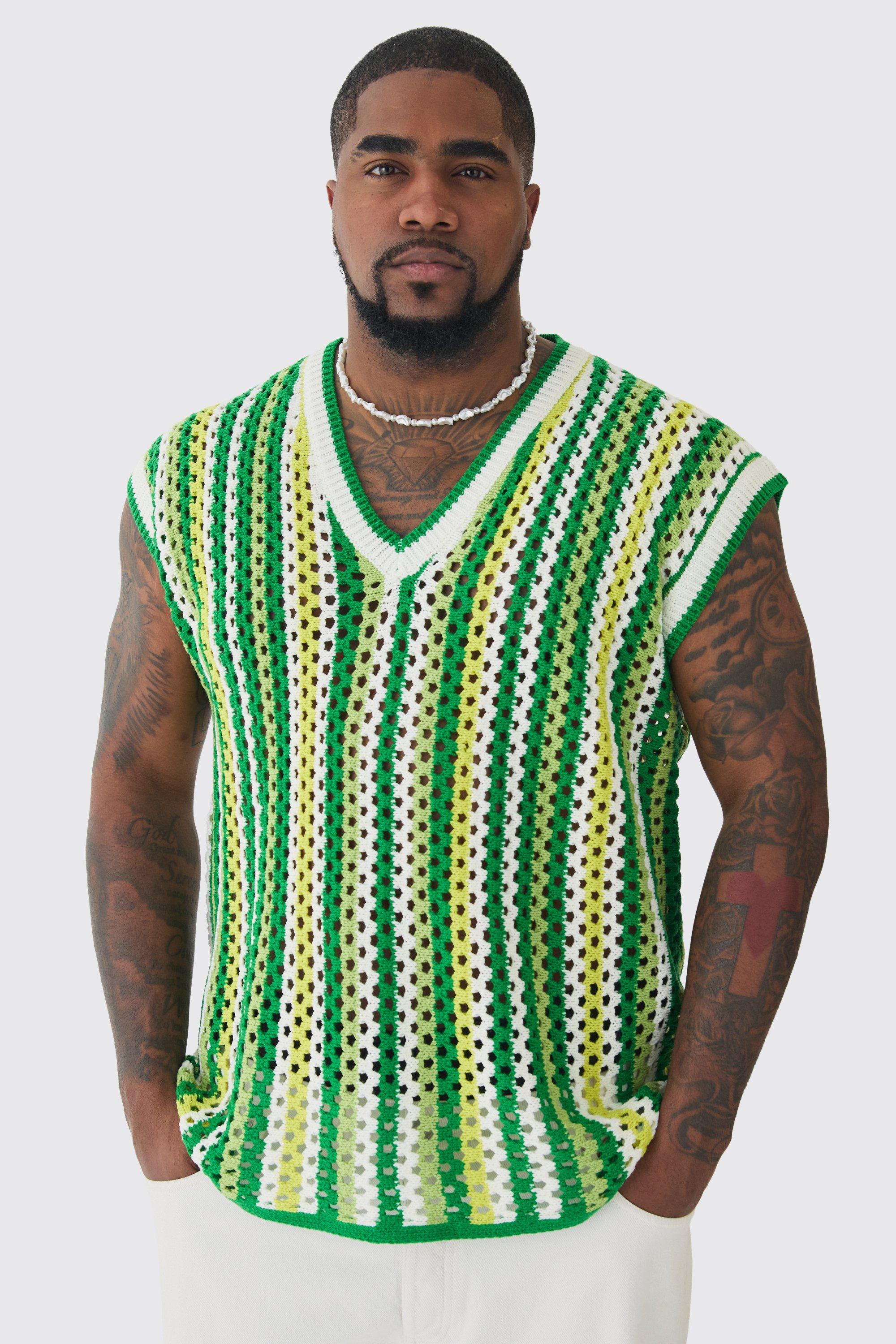 Mens Green Plus Oversized Open Stitch Crochet Knitted vest, Green