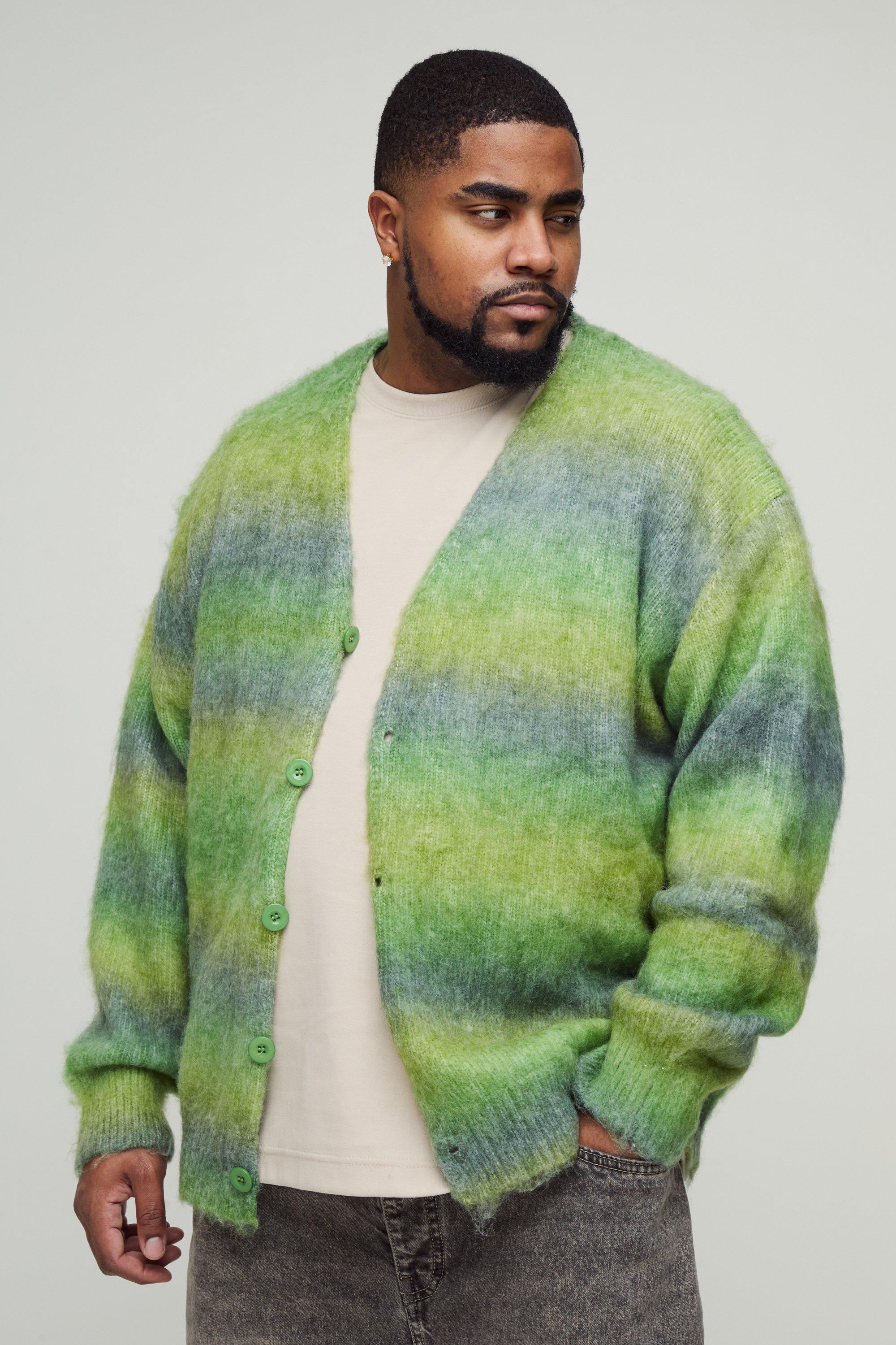 Mens Green Plus Boxy Fit Knitted Brushed Stripe Cardigan, Green