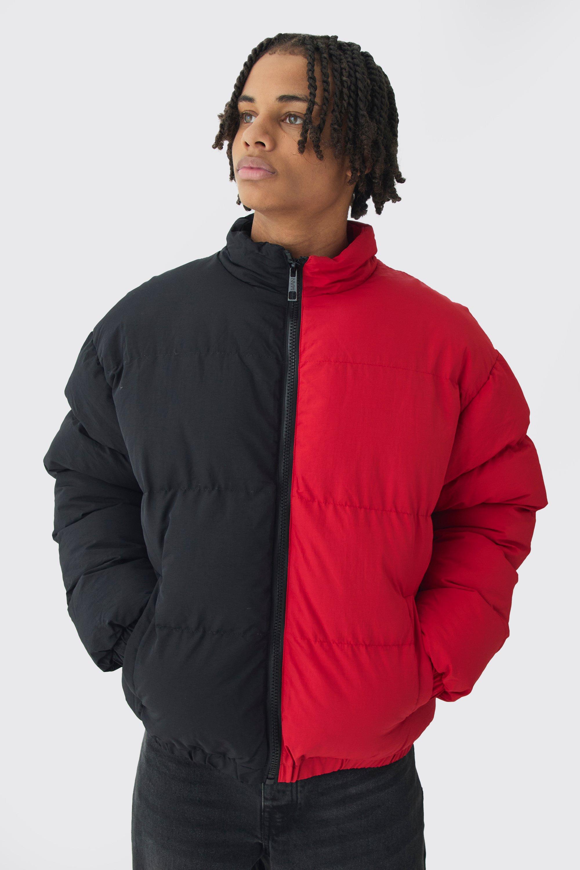 Mens Half And Half Funnel Neck Puffer Jacket In Red, Red