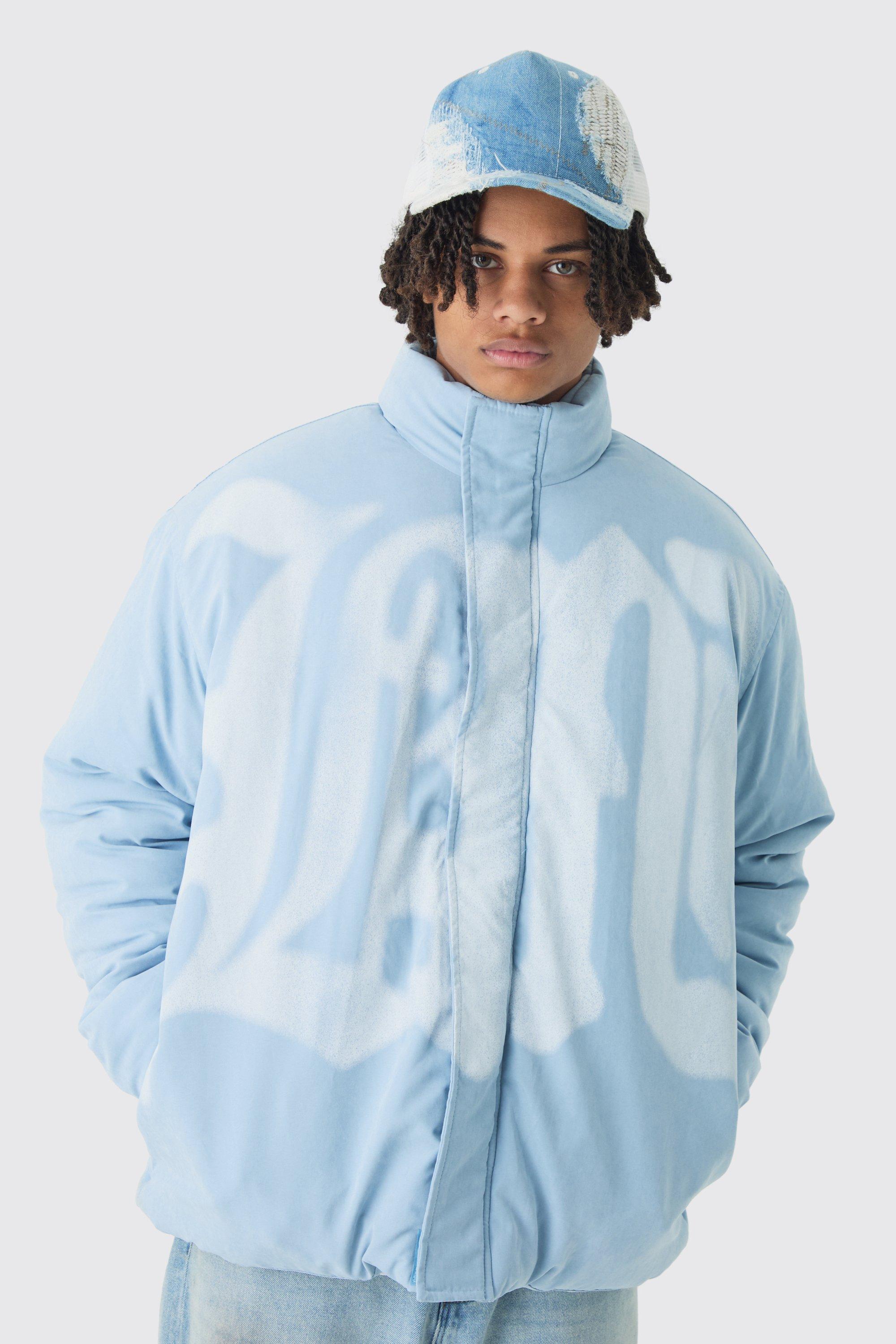 Piumino oversize blu con stampa spray e collo a imbuto, Azzurro