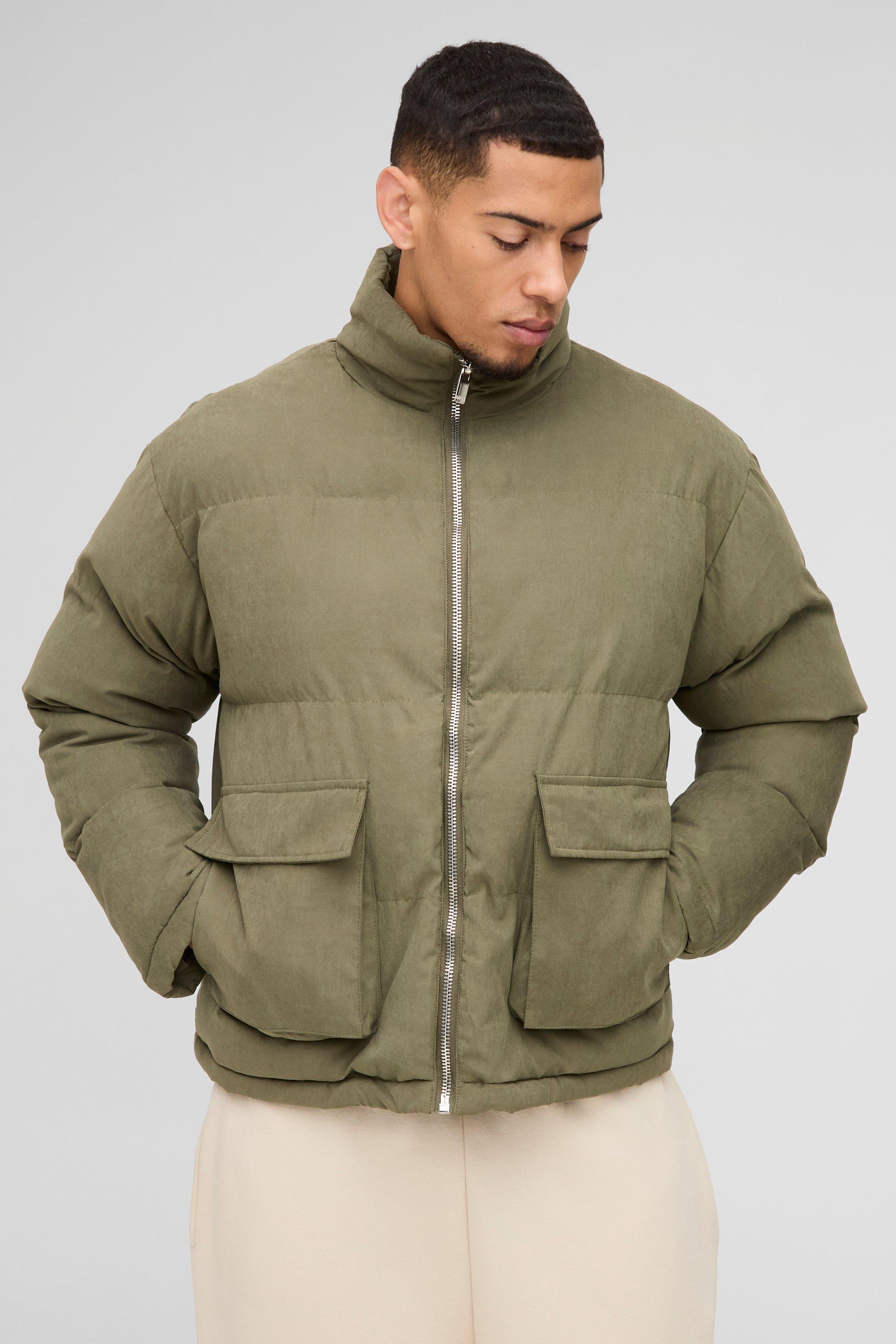 Mens Green Faux Suede Funnel Neck Puffer Jacket In Khaki, Green