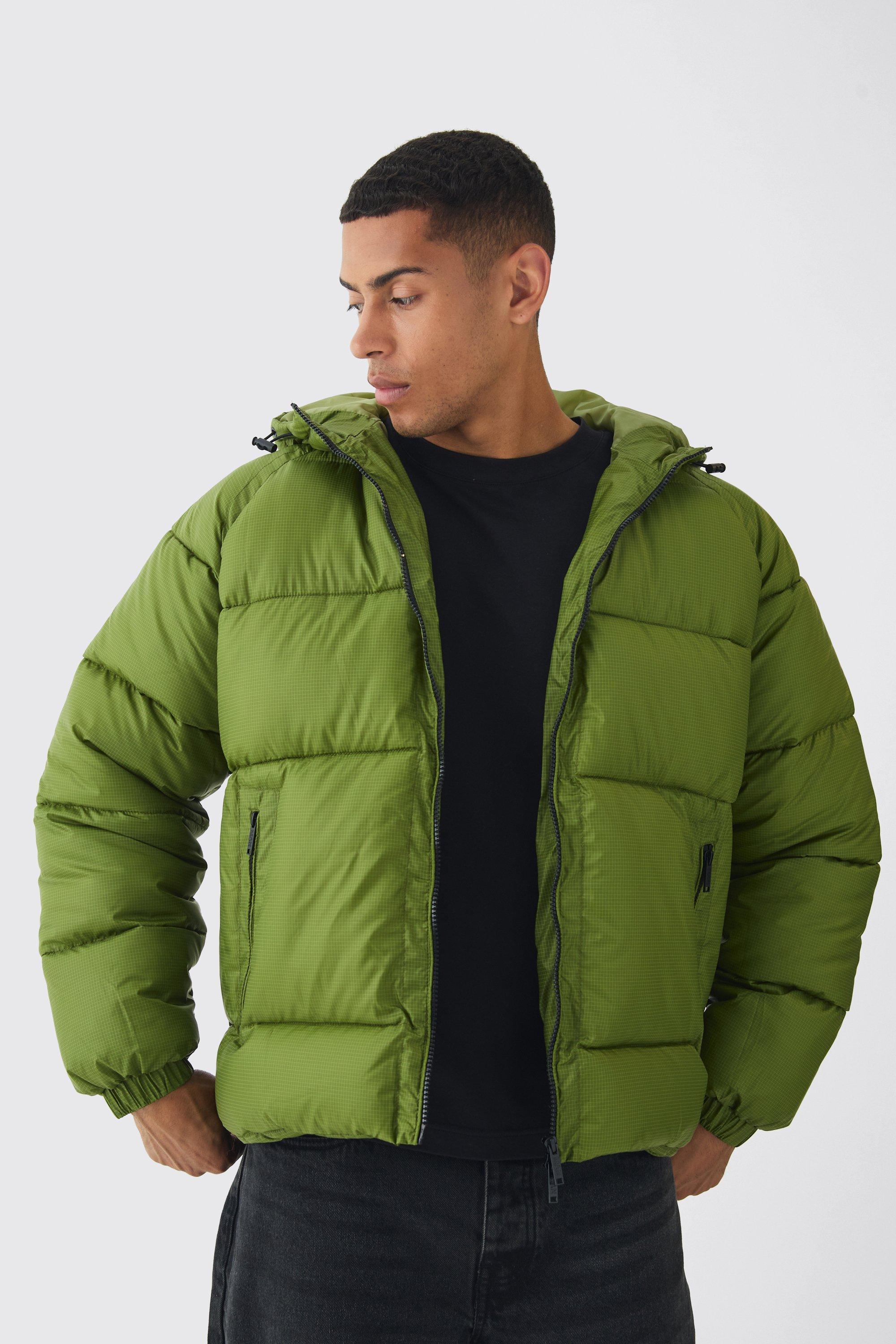 Mens Hooded Ripstop Puffer Jacket In Green, Green