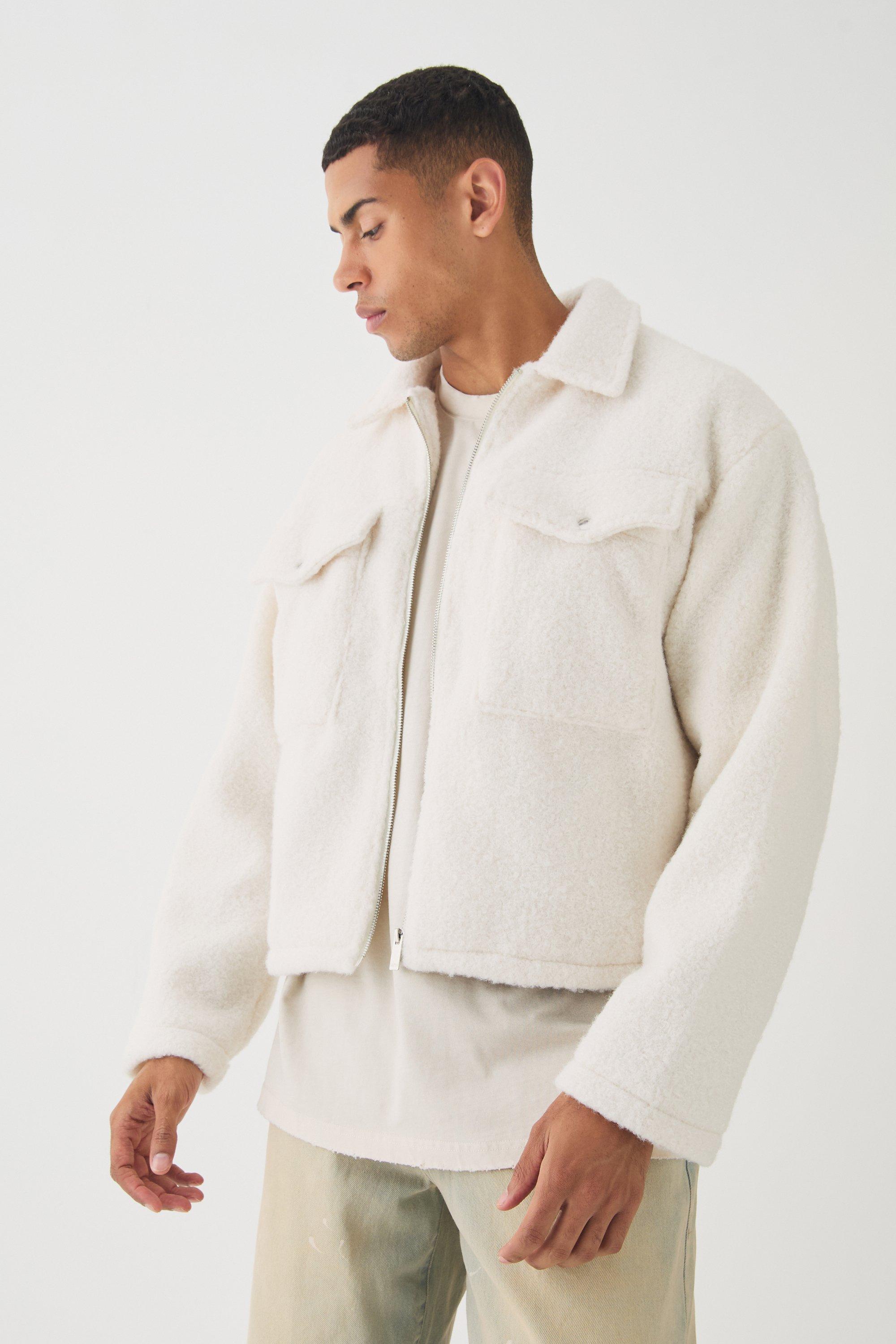 Giacca Harrington squadrata in bouclé color ecru, Cream