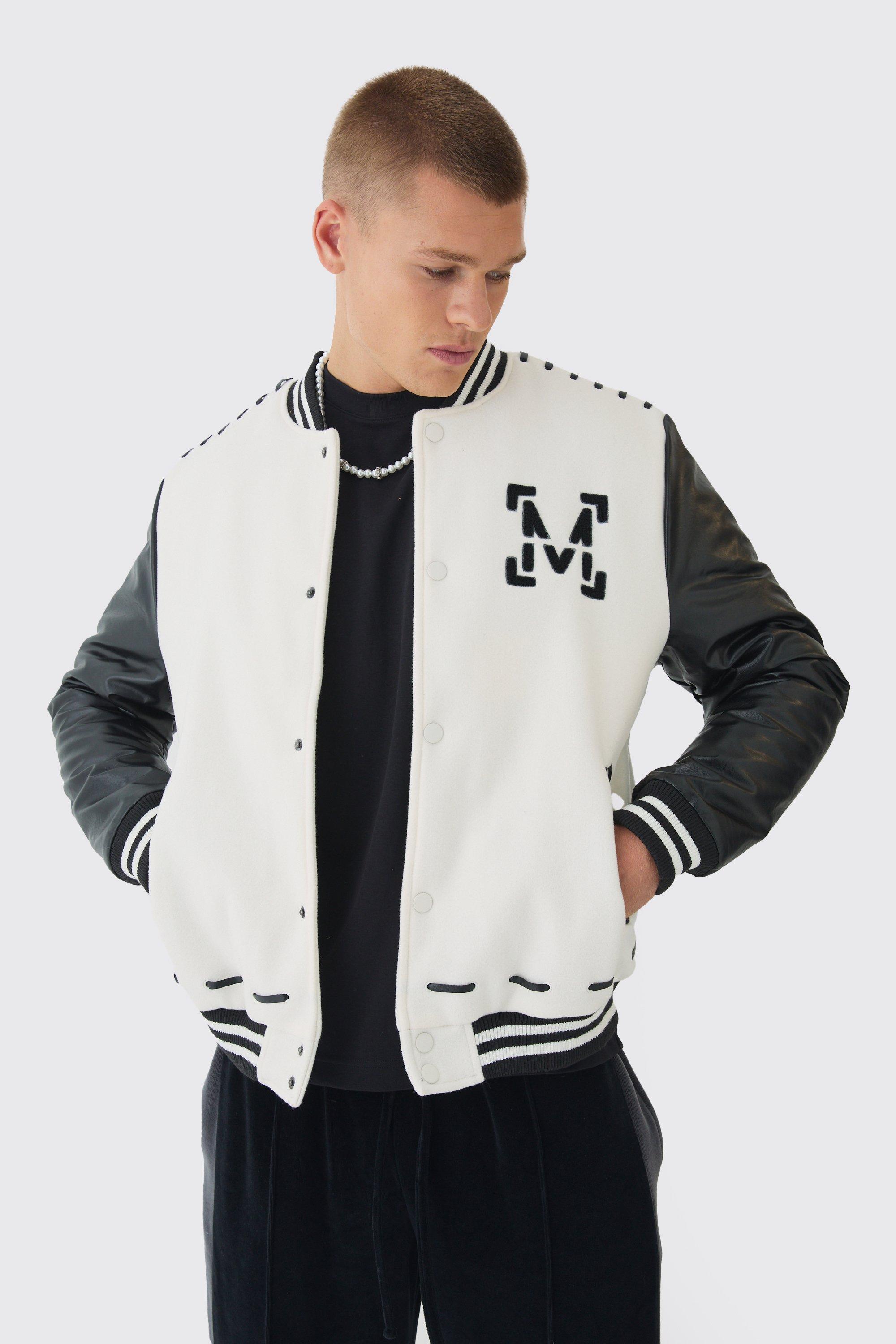 Giacca stile Varsity Man in PU nera con dettagli intrecciati, Nero