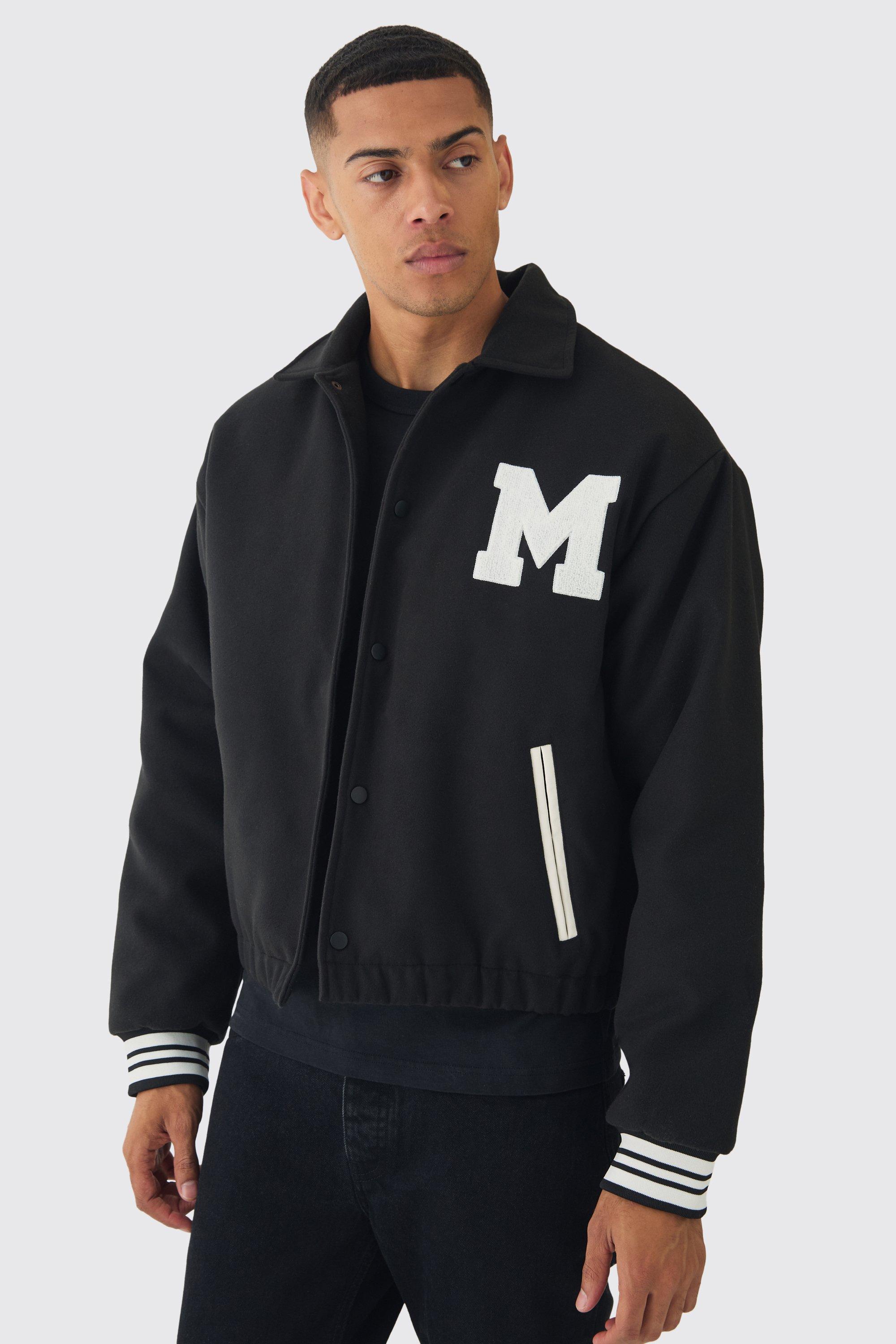 Mens Boxy Collared Varsity Jacket In Black, Black