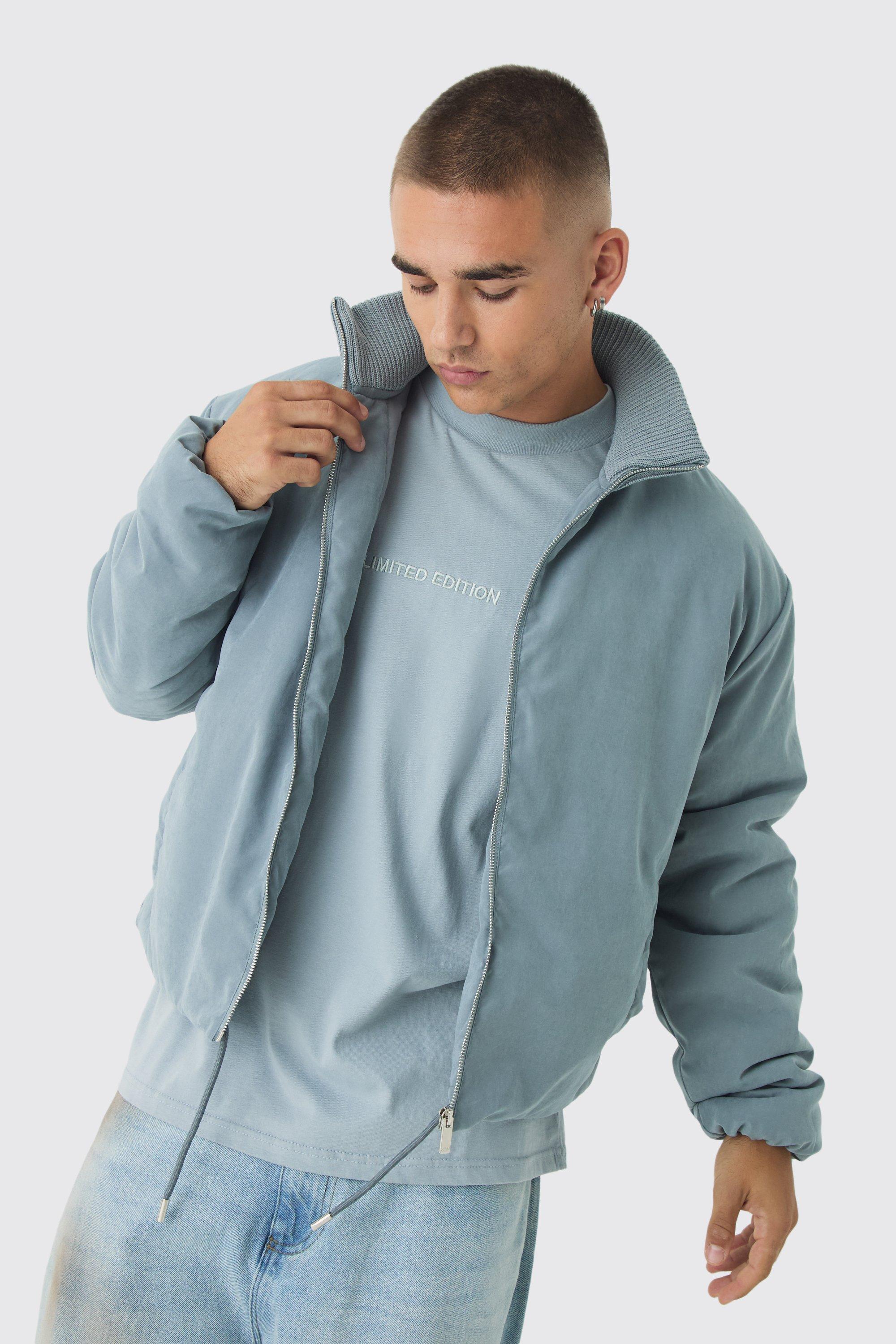 Mens Boxy Rib Collar Bomber Jacket In Blue, Blue