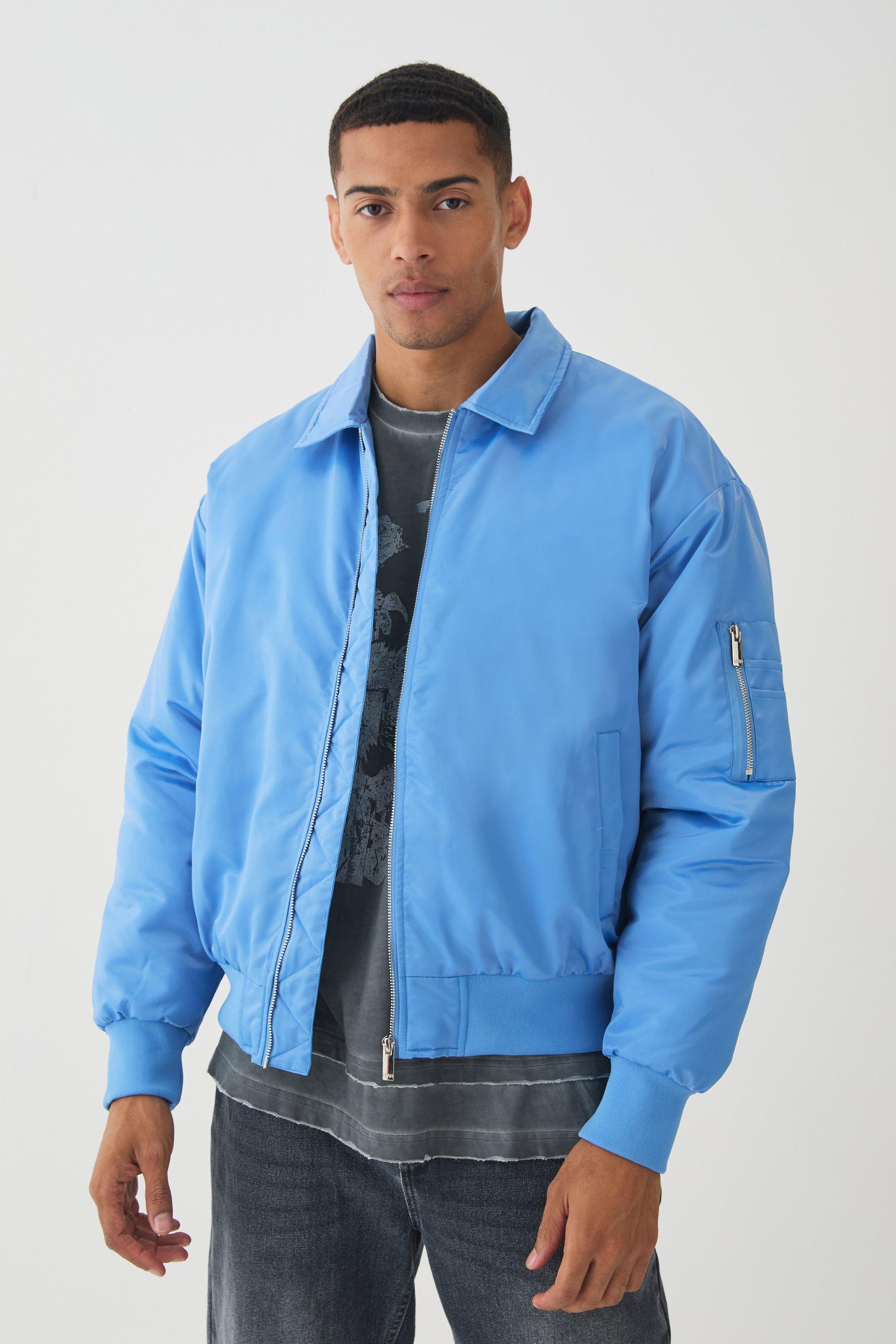 Mens Satin Collared Bomber Jacket In Blue, Blue