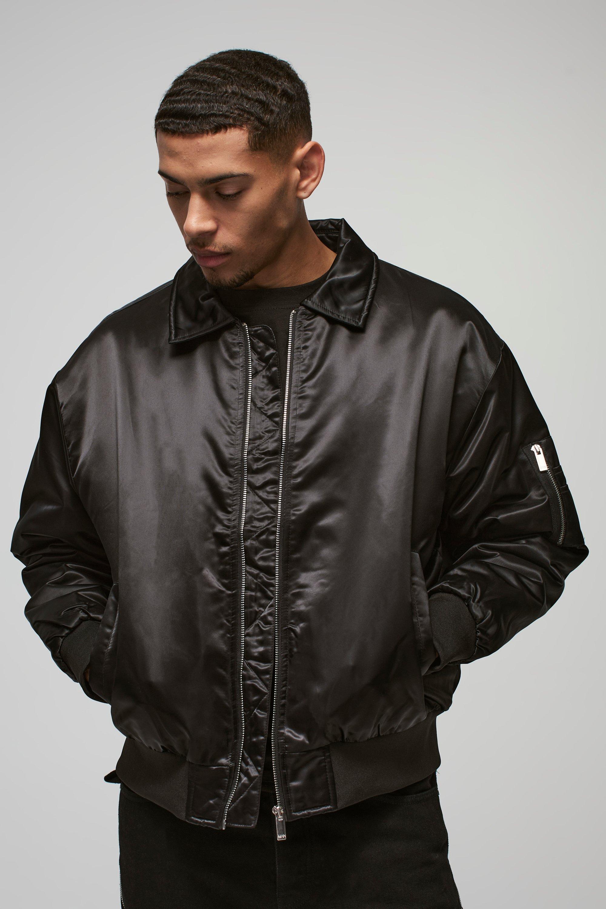 Mens Satin Collared Bomber Jacket In Black, Black