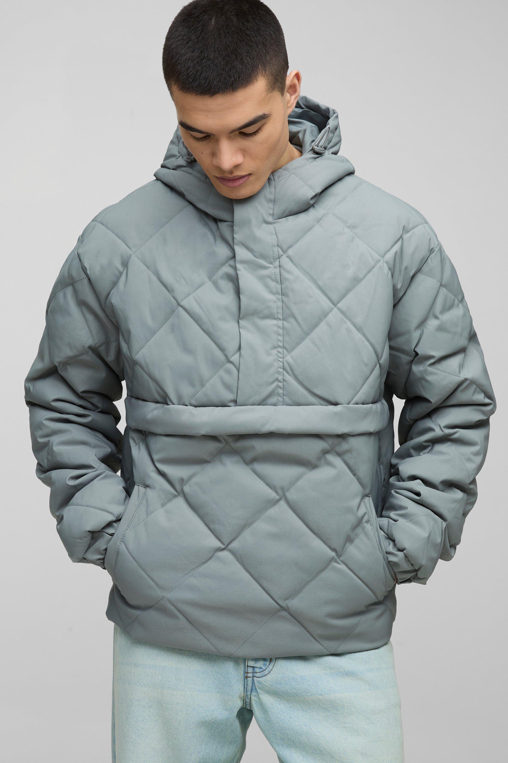 Mens Grey Half Zip Hooded Quilted Puffer Jacket In Slate, Grey