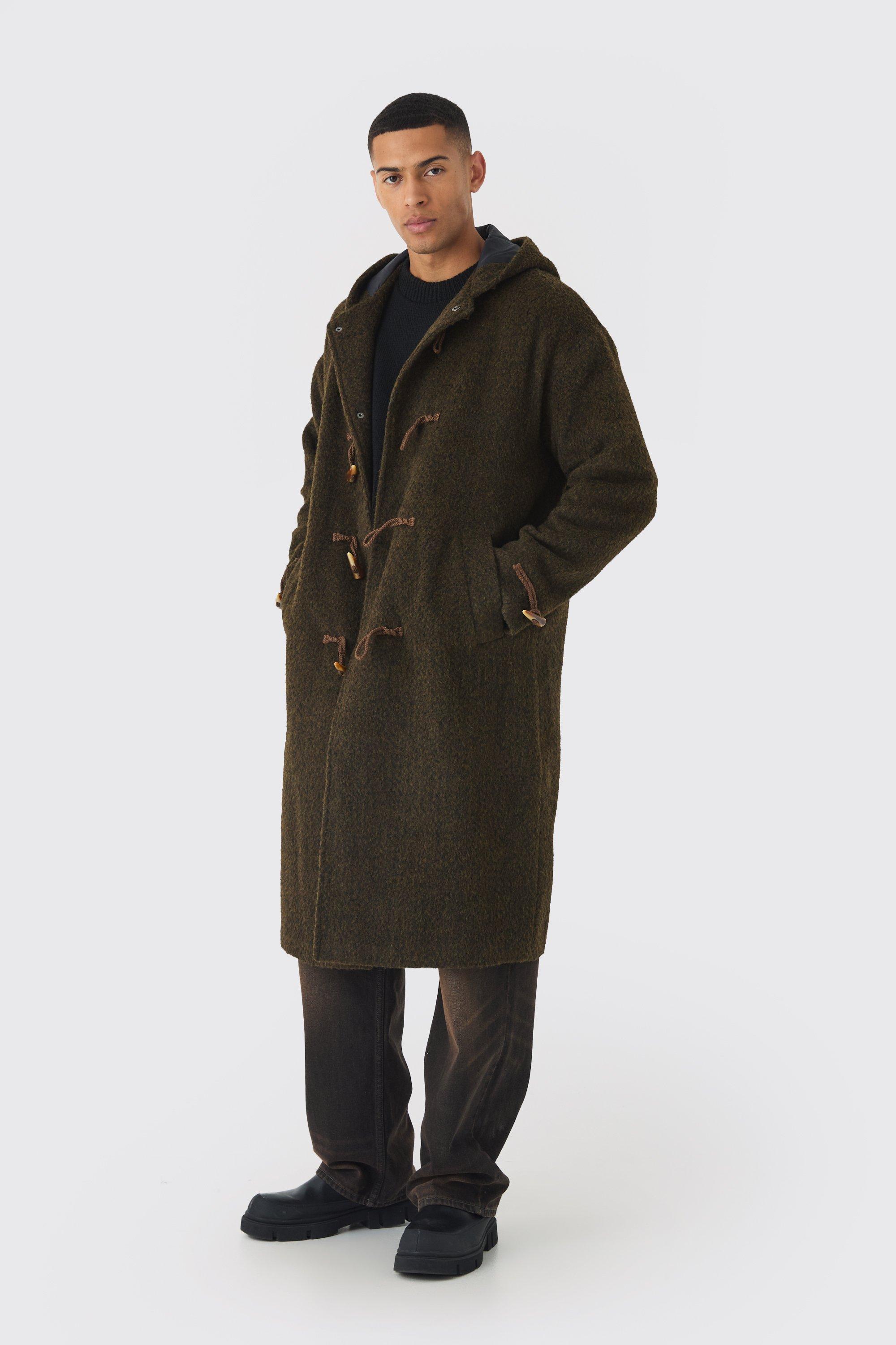 Mens Green Oversized Brushed Duffle Overcoat In Khaki, Green