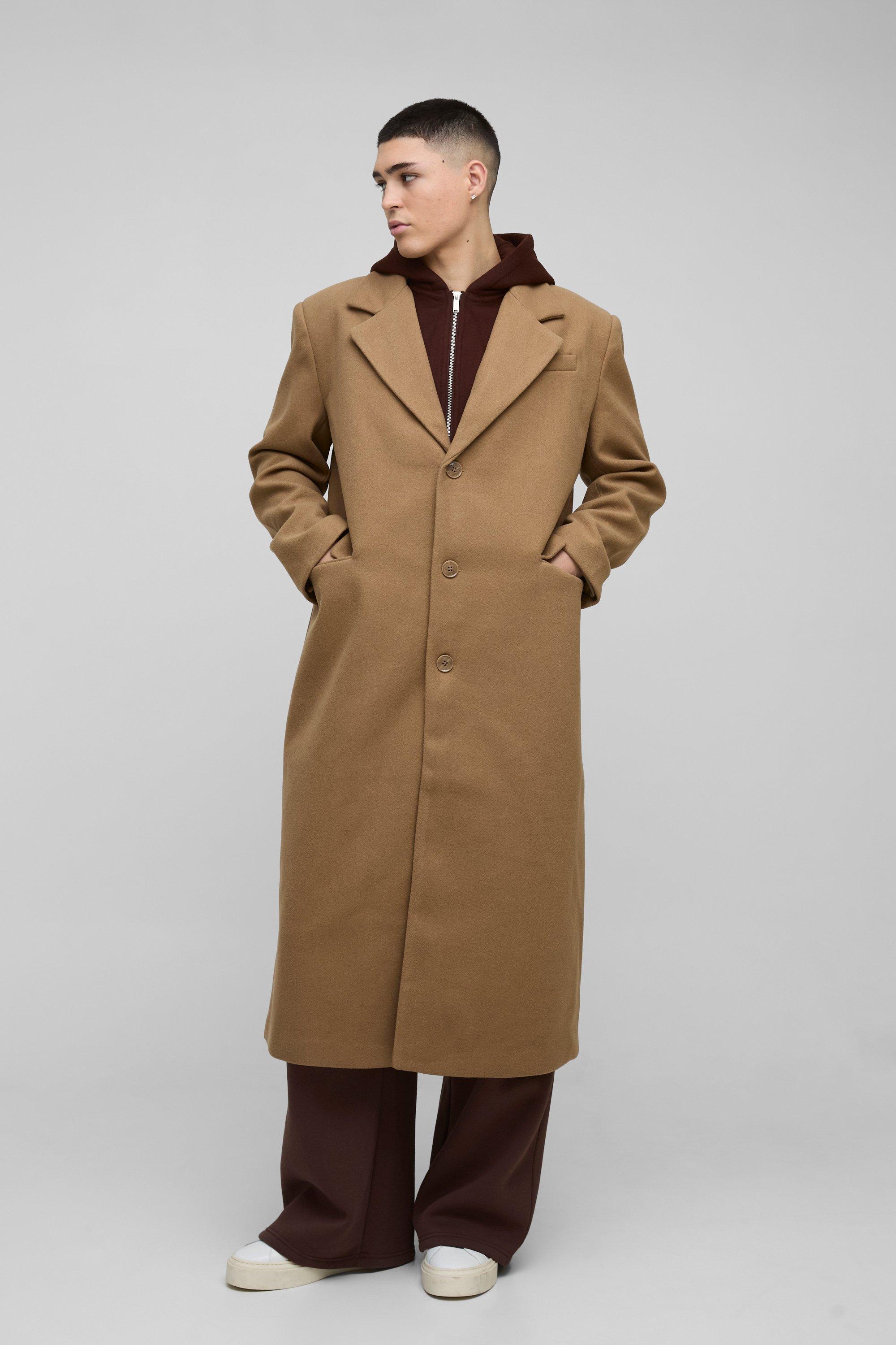 Mens Brown Oversized Overcoat With Faux Hooded Jersey Layer In Tan, Brown