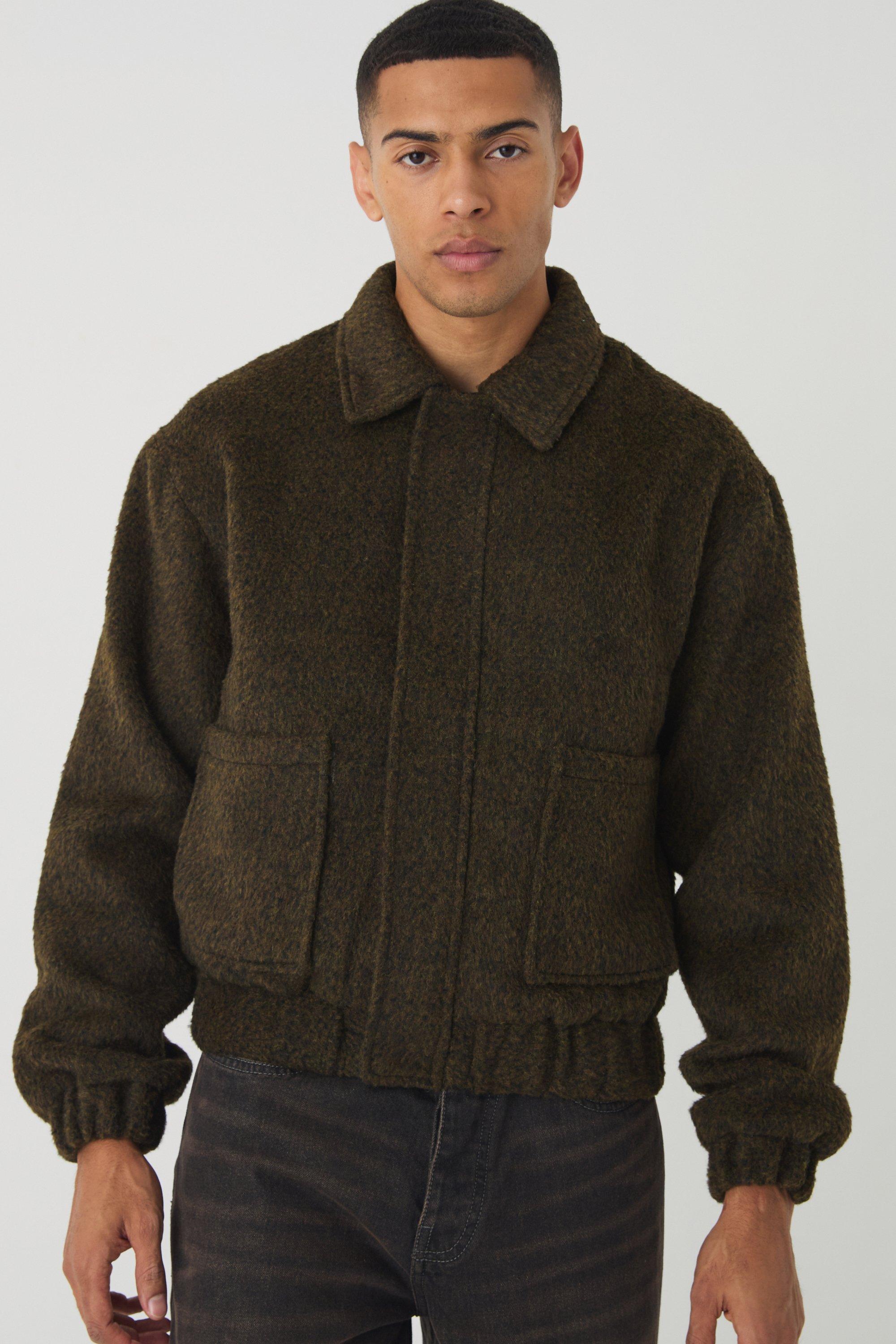 Giacca Harrington squadrata effetto lana spazzolata color kaki, Verde
