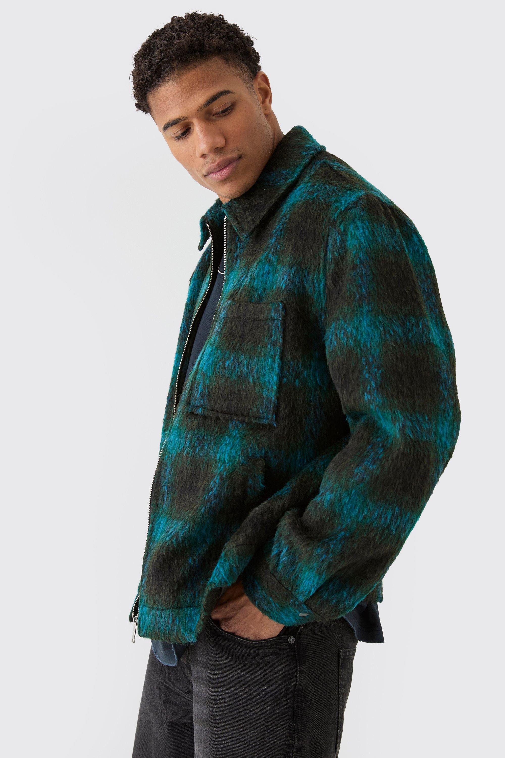 Mens Brushed Check Collared Harrington Jacket In Blue, Blue