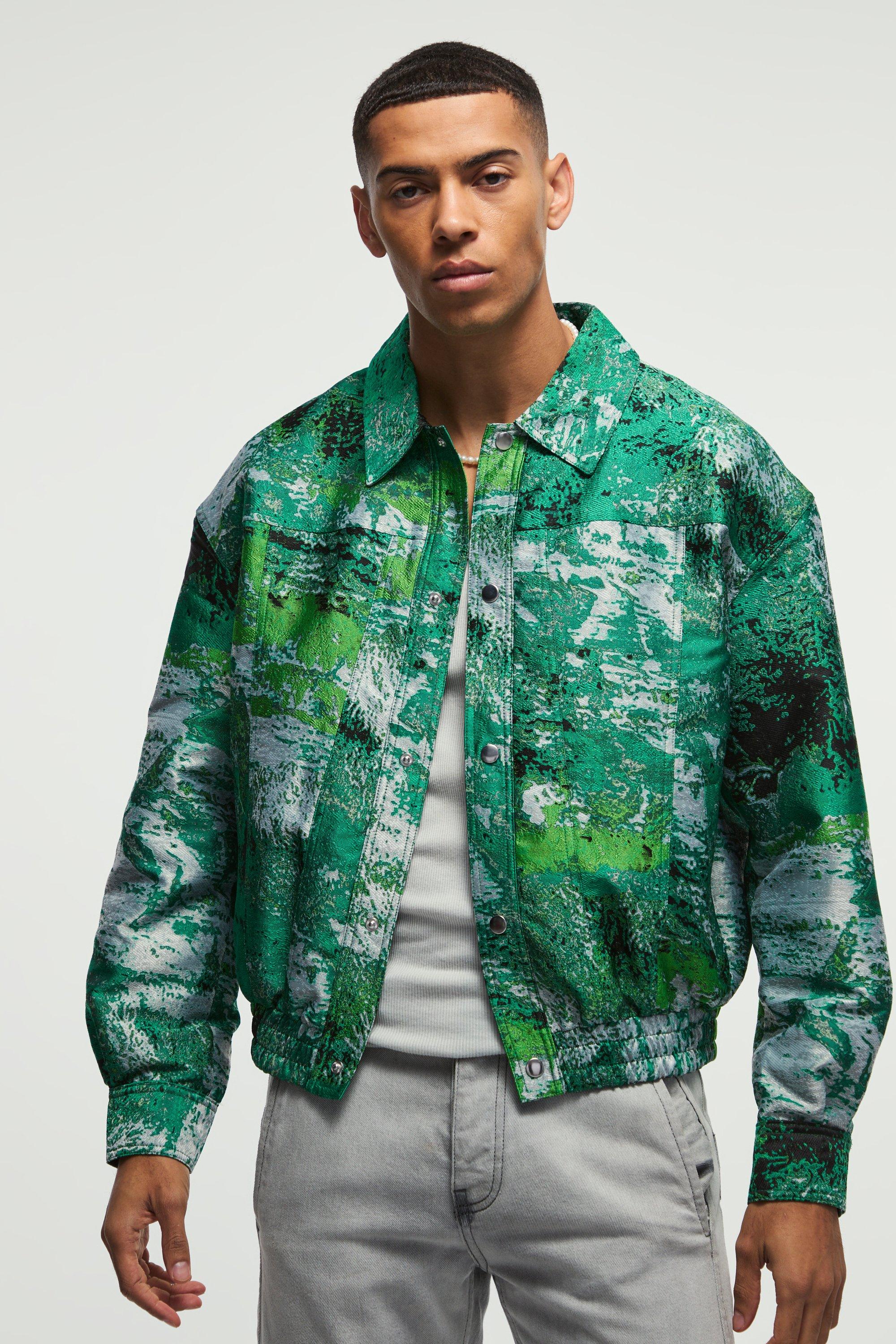 Giacca Harrington in jacquard di raso verde, Verde