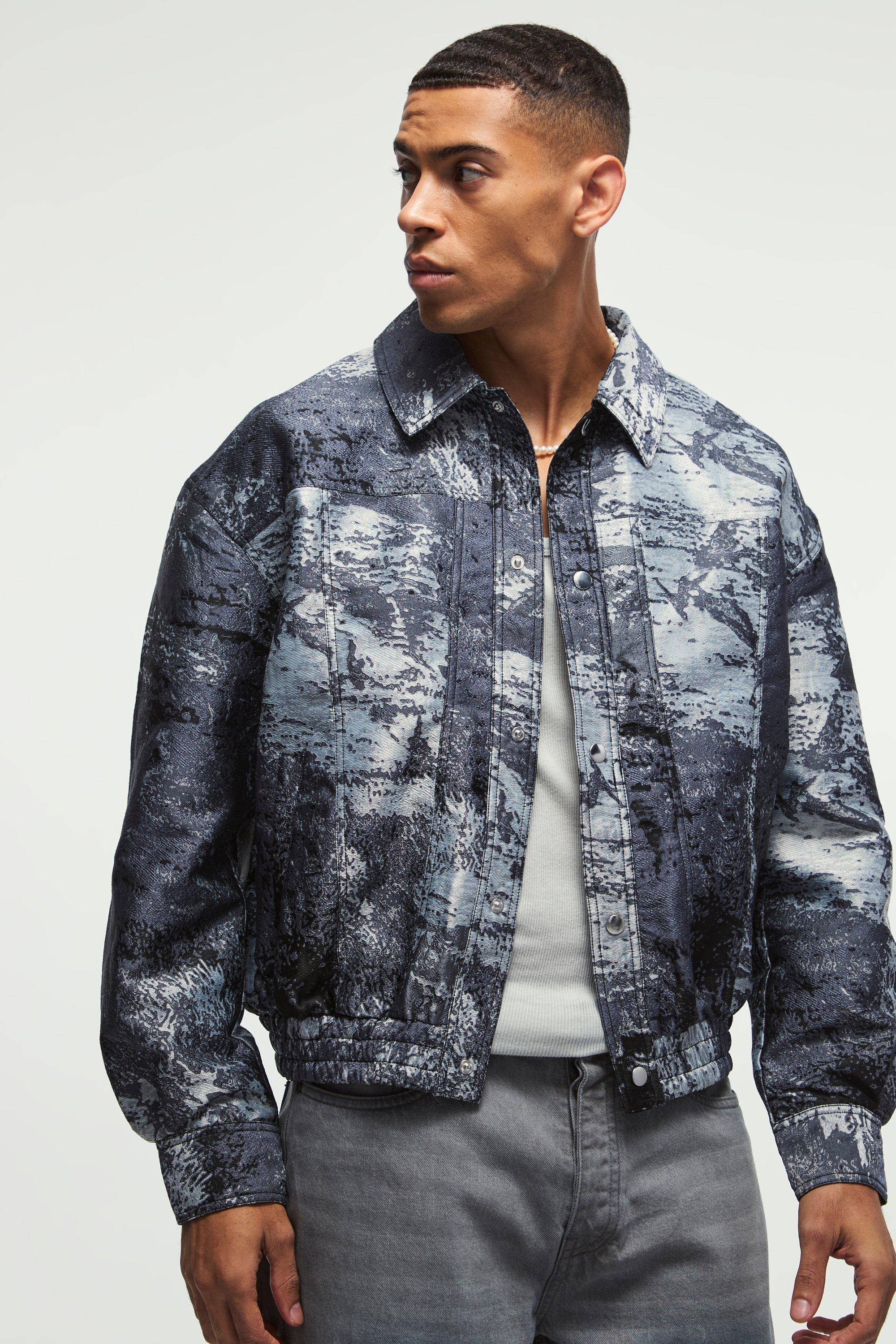 Mens Jacquard Satin Harrington Jacket In Grey, Grey