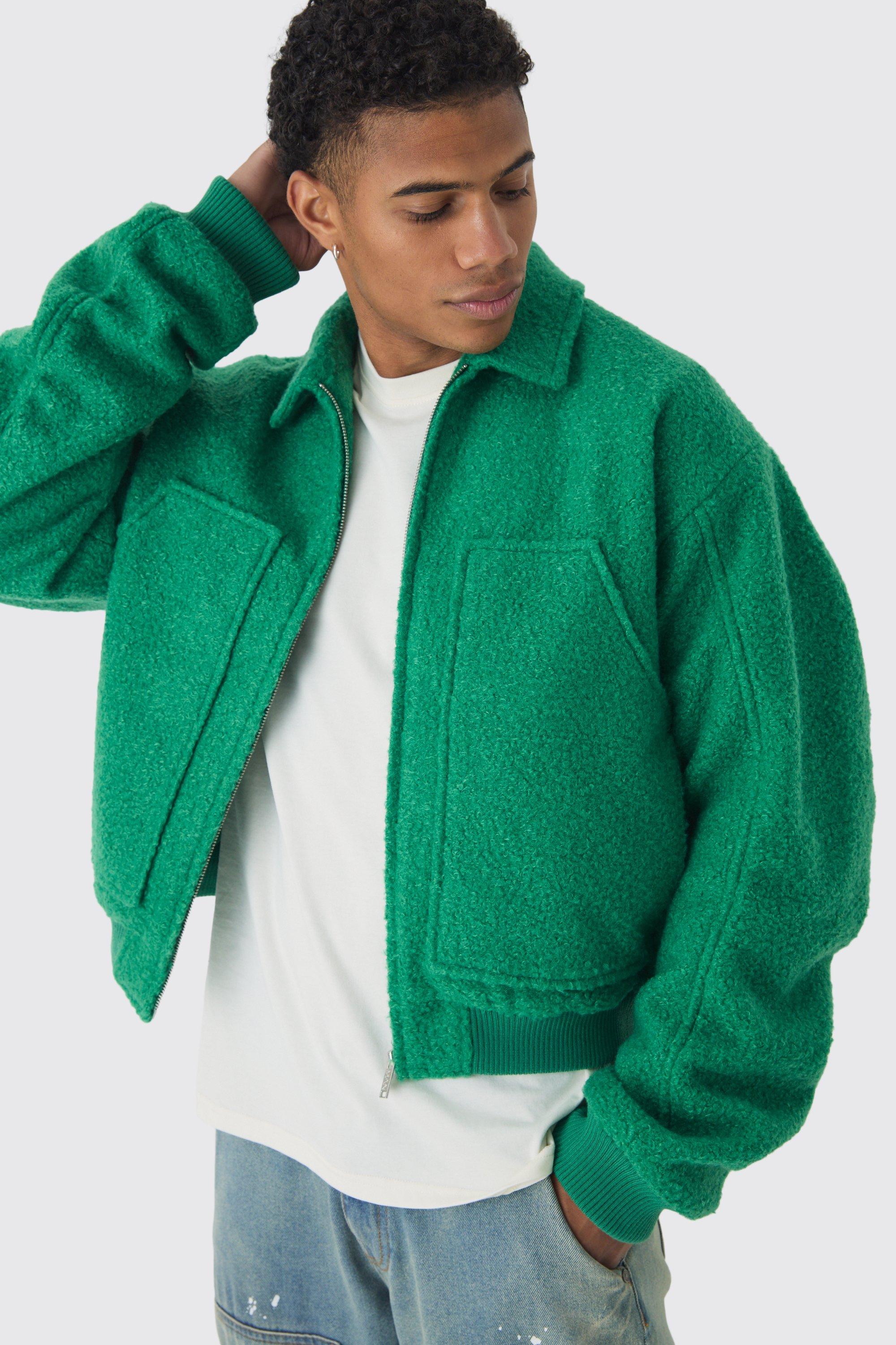 Mens Boxy Boucle Ruched Sleeve Bomber Jacket In Green, Green