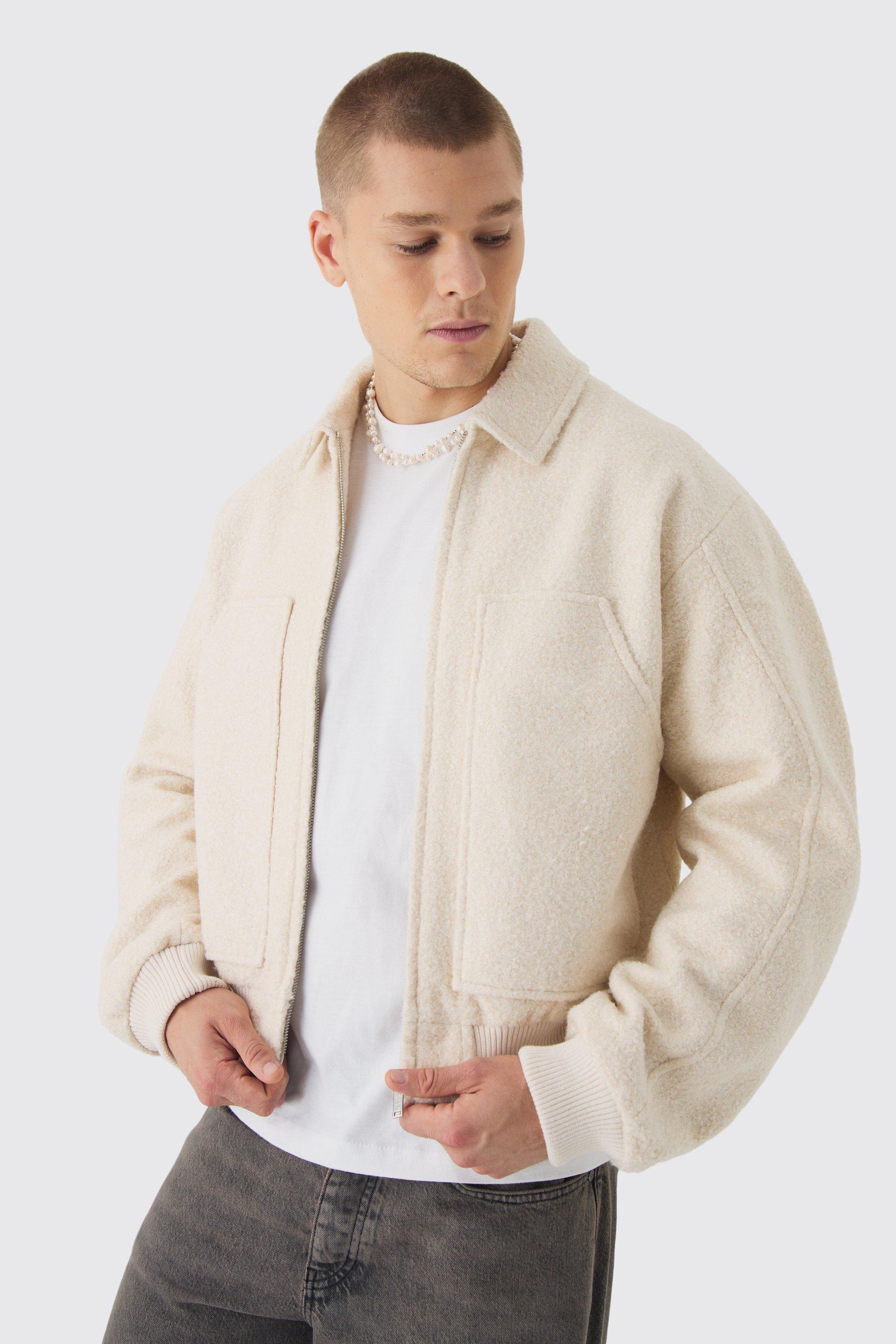 Mens Cream Boxy Boucle Ruched Sleeve Bomber Jacket In Ecru, Cream