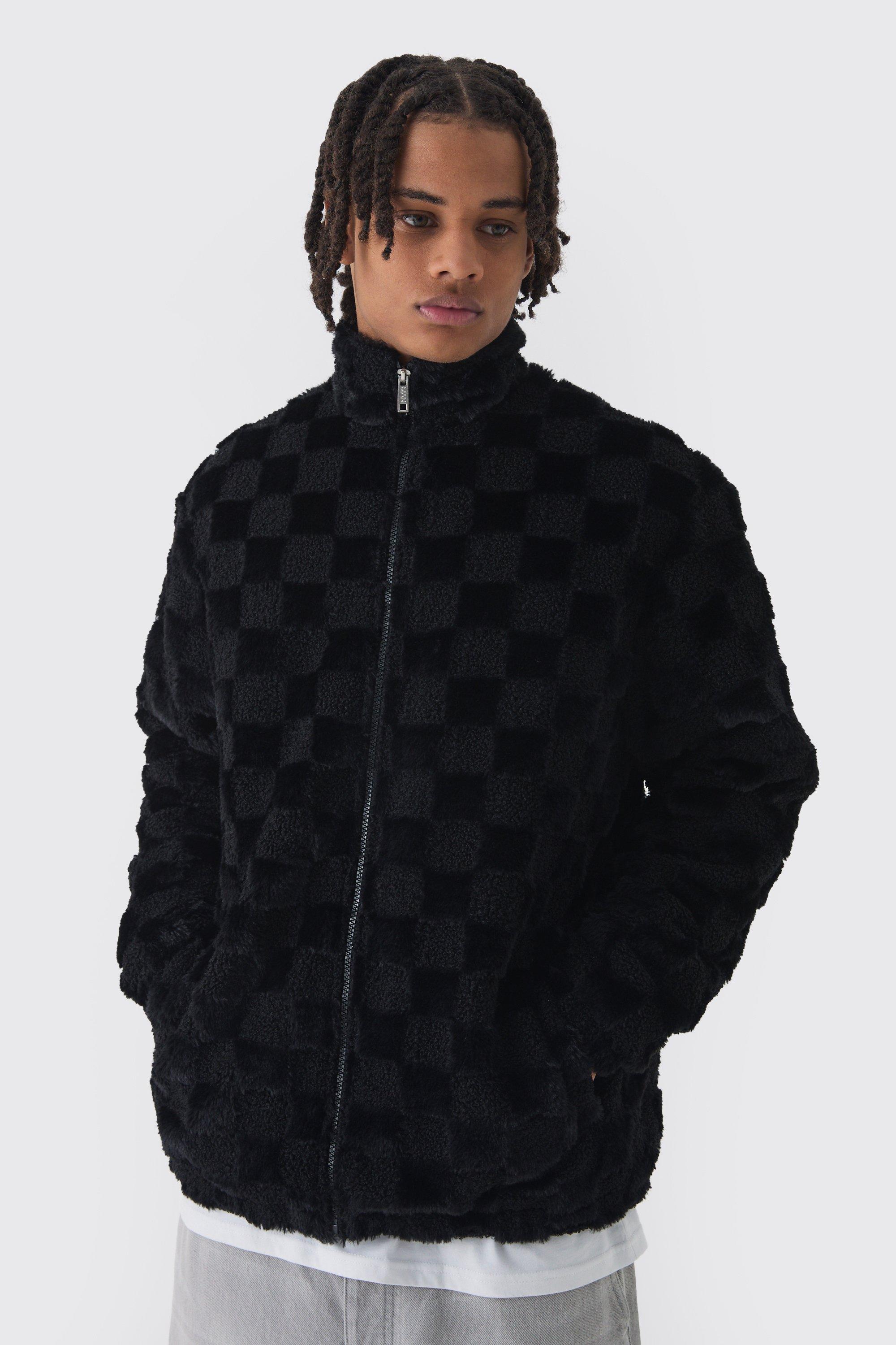 Mens Oversized Faux Fur Check Funnel Neck Jacket In Black, Black