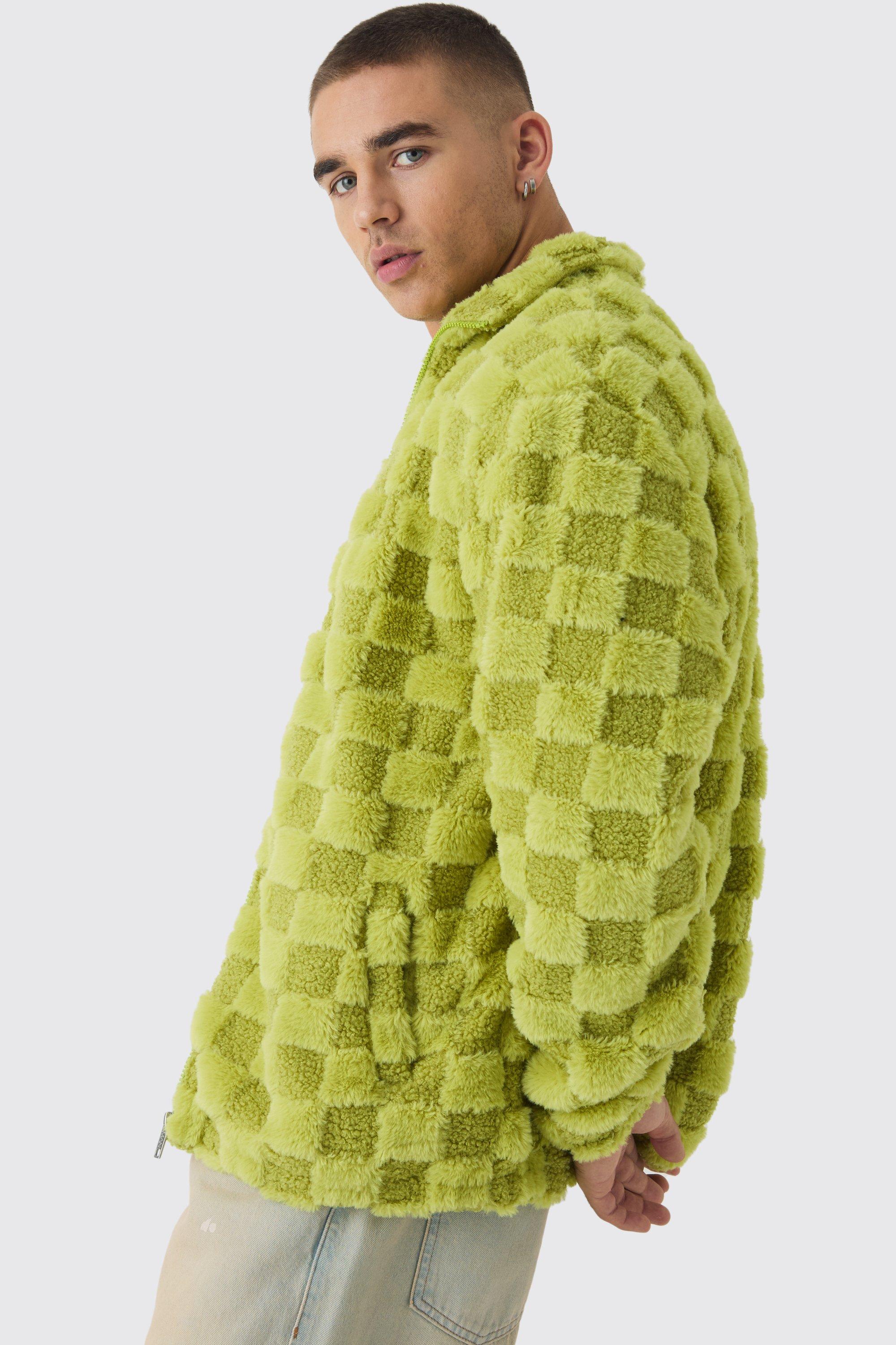 Mens Green Oversized Faux Fur Check Funnel Neck Jacket In Lime, Green