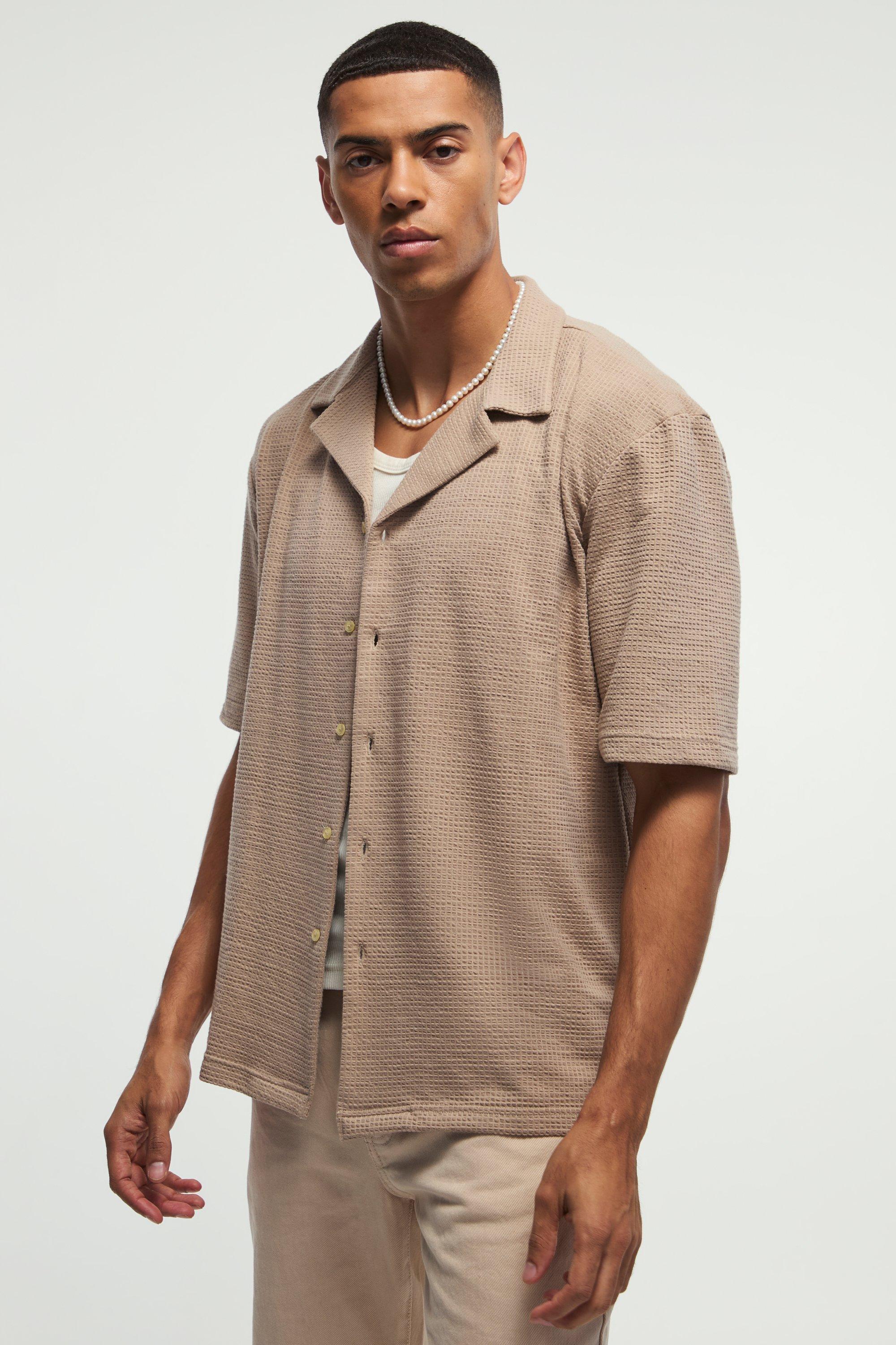 Camicia oversize in jersey con trama a nido d'ape, Beige