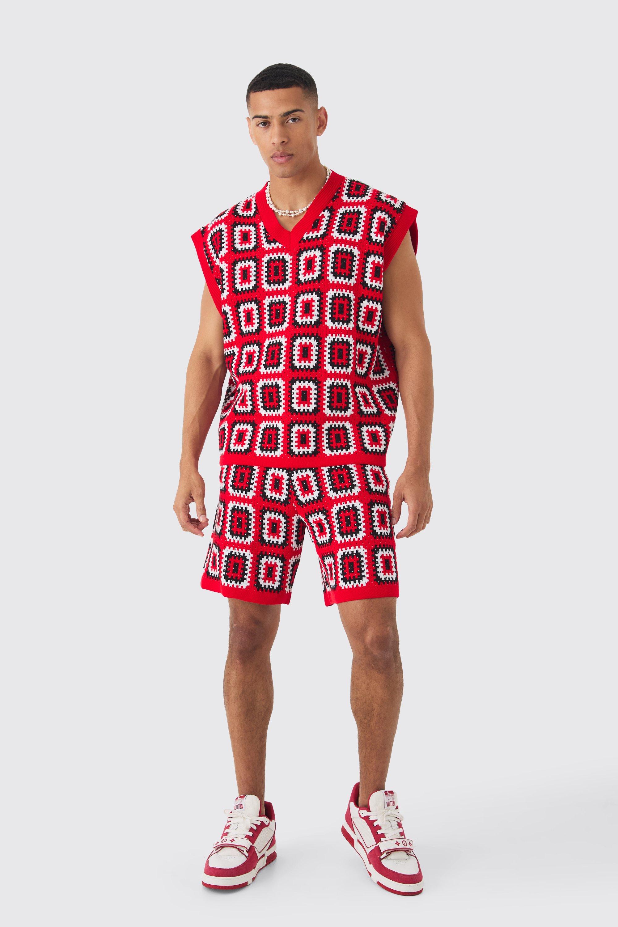 Mens Red Oversized Crochet Knit vest And Short Set, Red