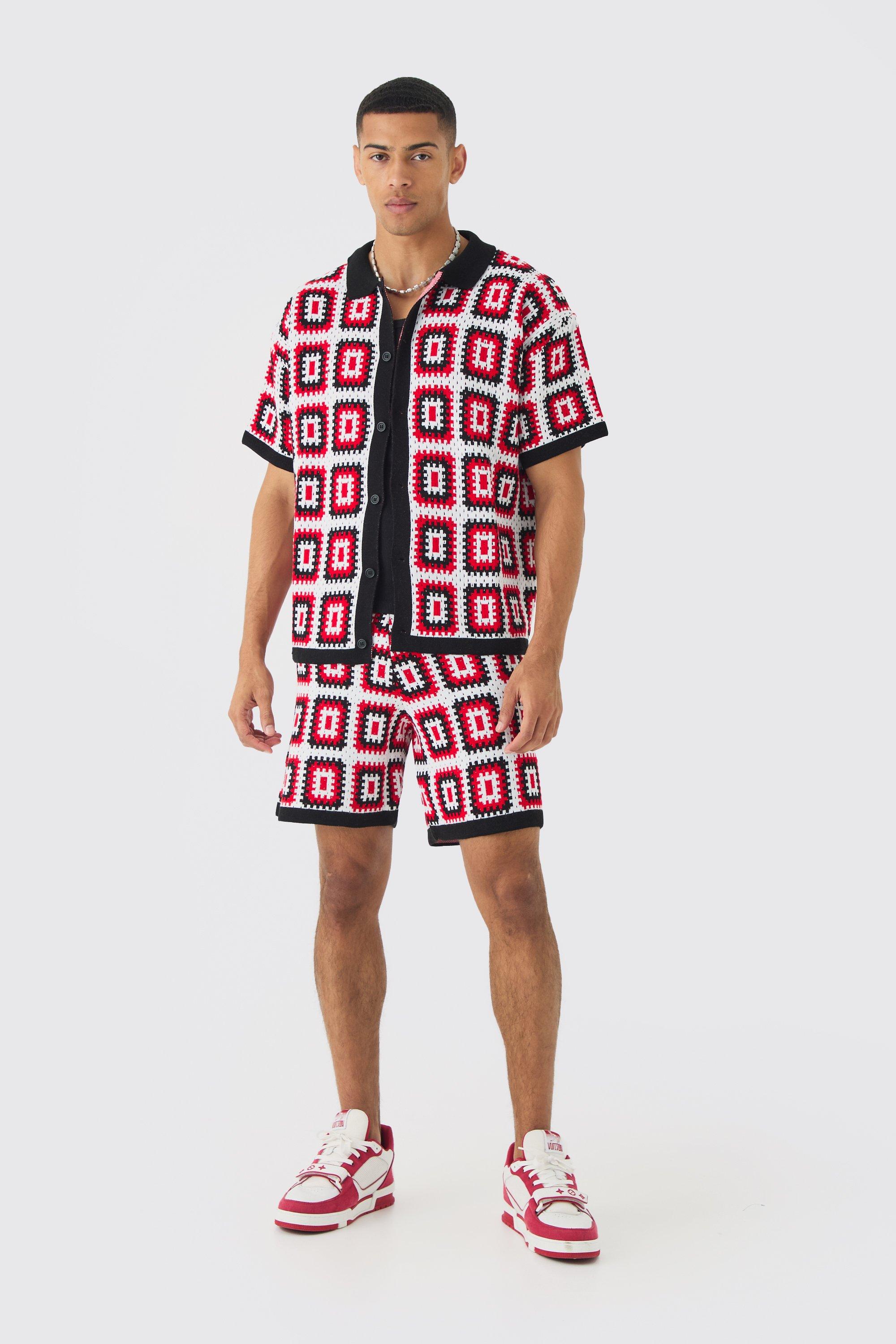 Mens Red Oversized Boxy Crochet Knit Shirt And Short Set, Red