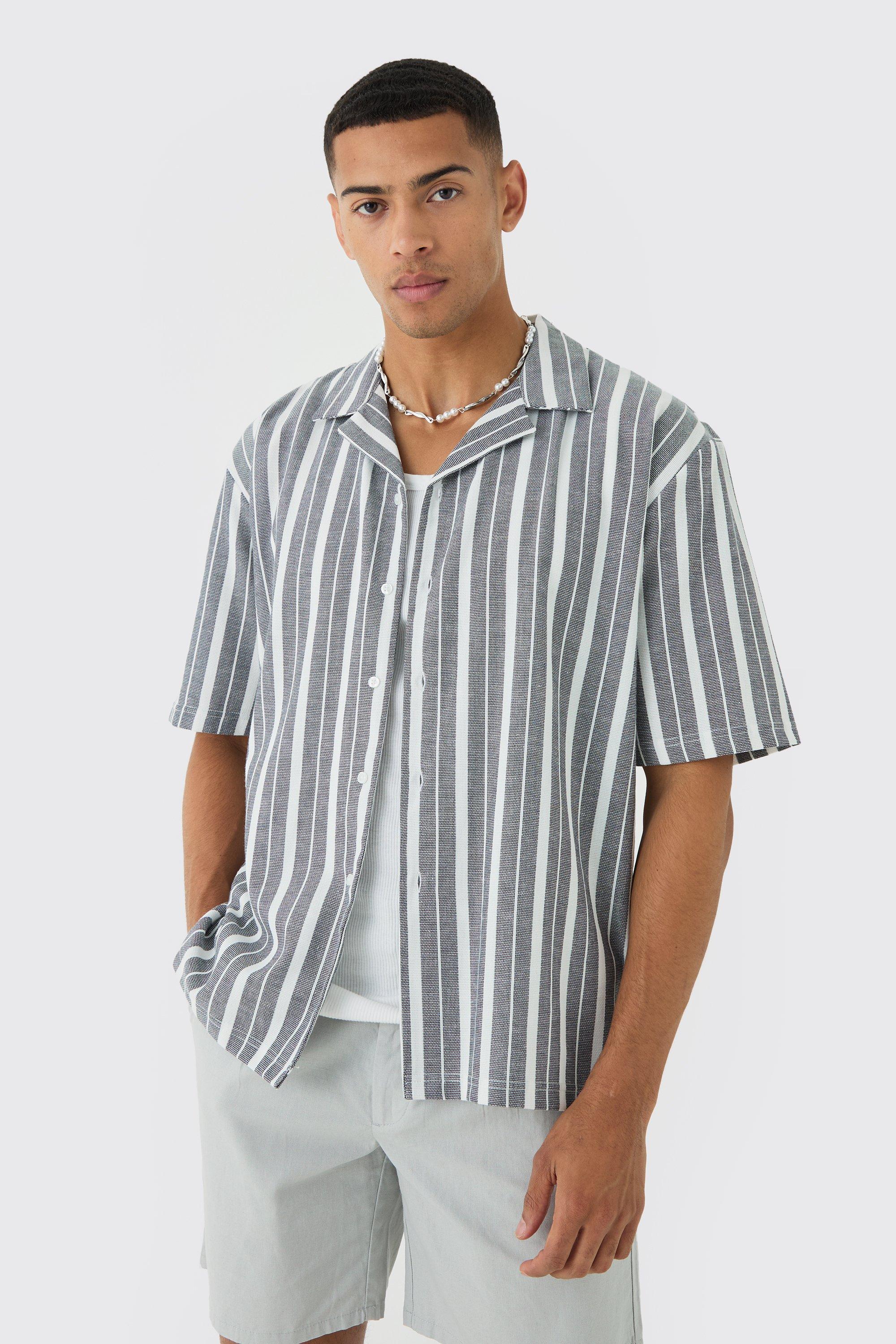 Mens Black Oversized Revere Stripe Shirt, Black