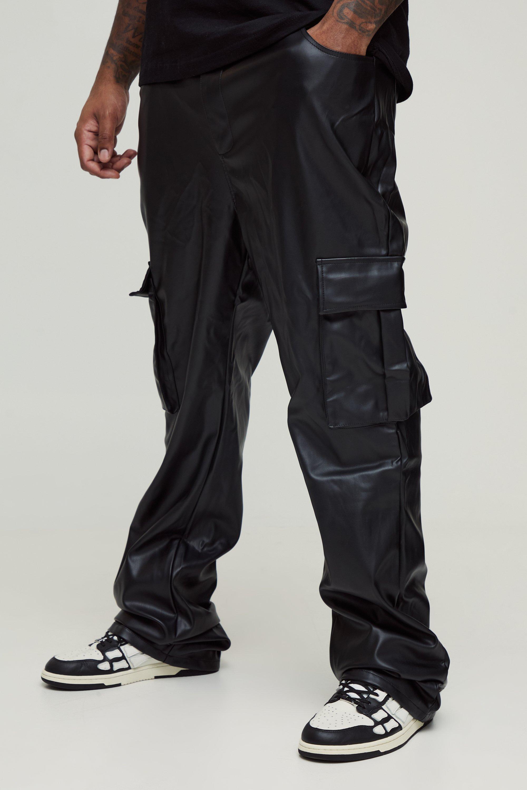 Mens Black Plus PU Cargo Stacked Flared Trousers, Black