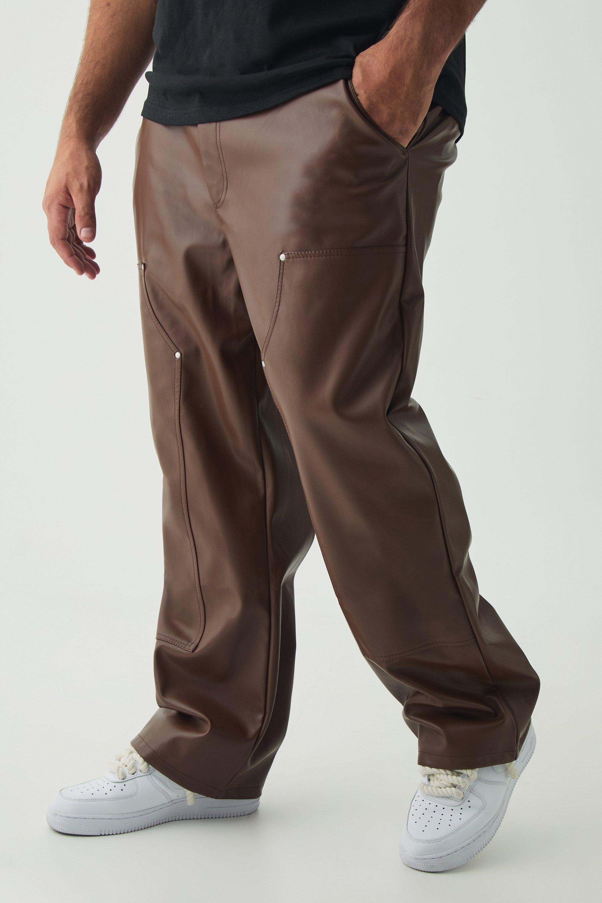 Mens Brown Plus PU Relaxed Fit Carpenter Trousers, Brown