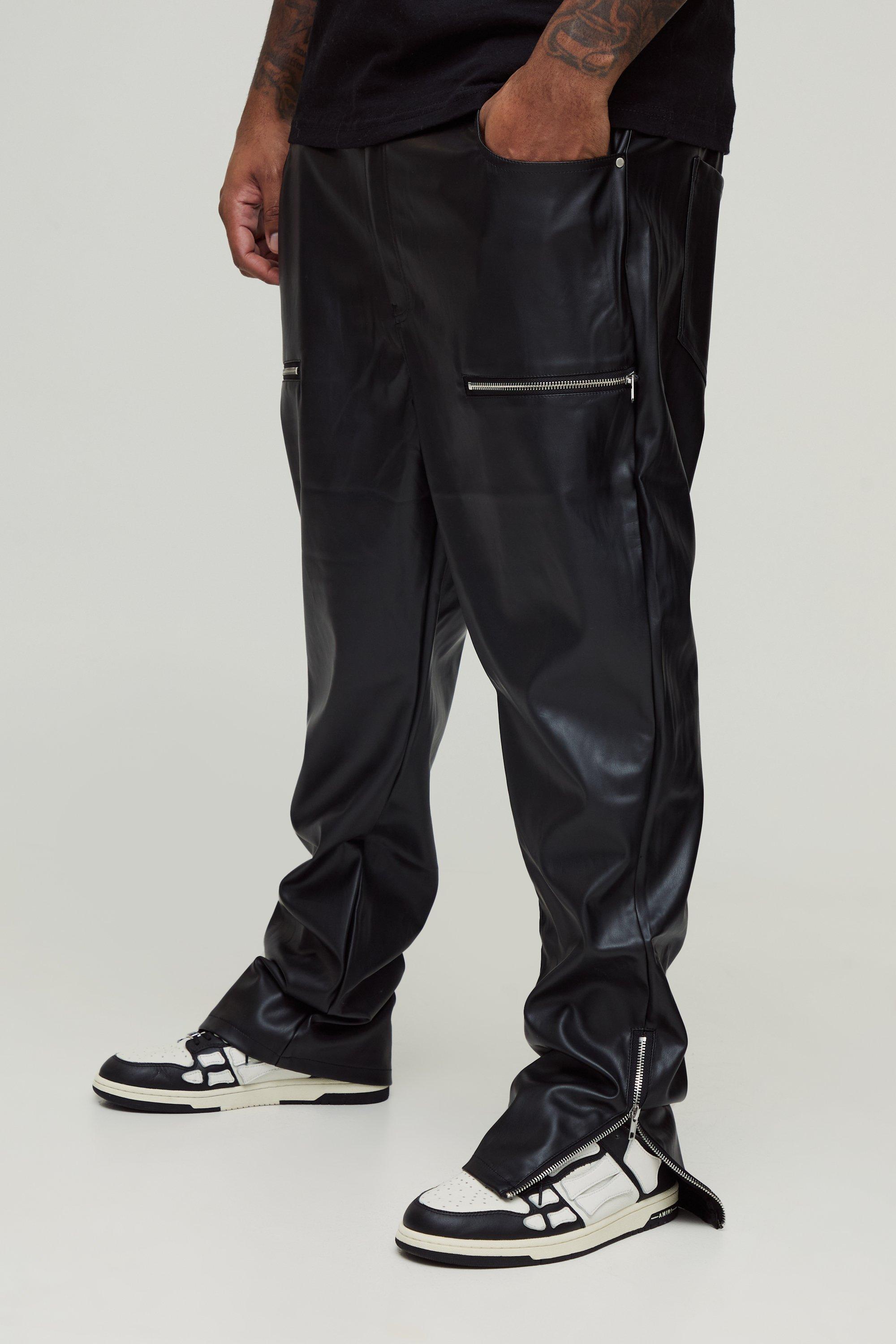 Mens Black Plus Skinny Fit Zip Detail PU Trousers, Black