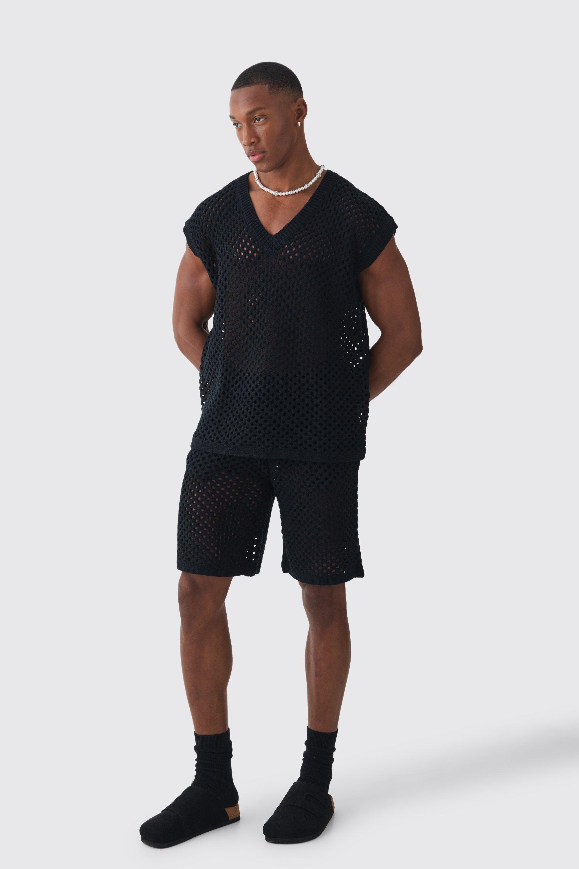 Mens Black Oversized Open Stitch V Neck vest Short Set With Metal Tab, Black