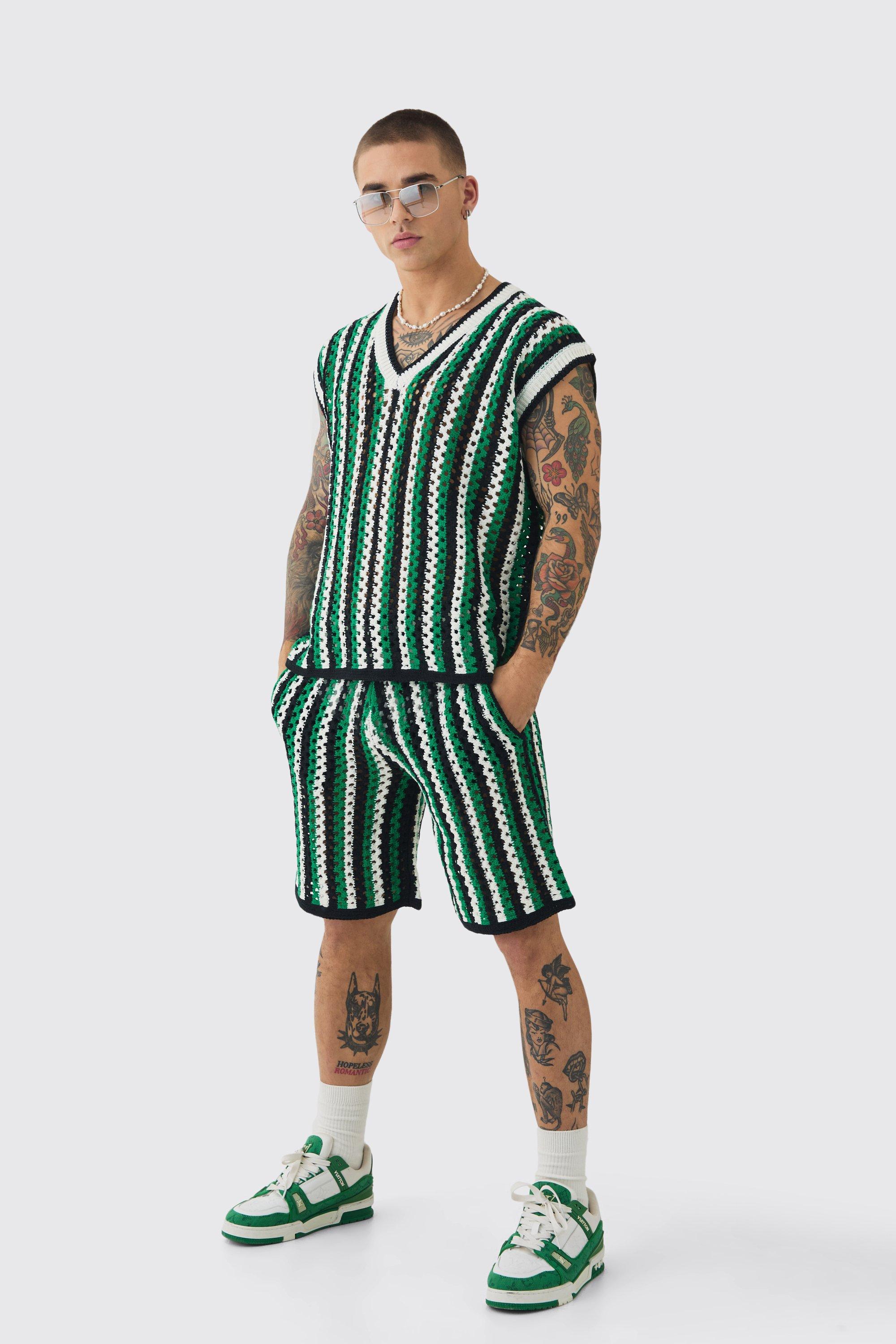 Mens Black Oversized Open Stitch Stripe V Neck vest And Short Set, Black