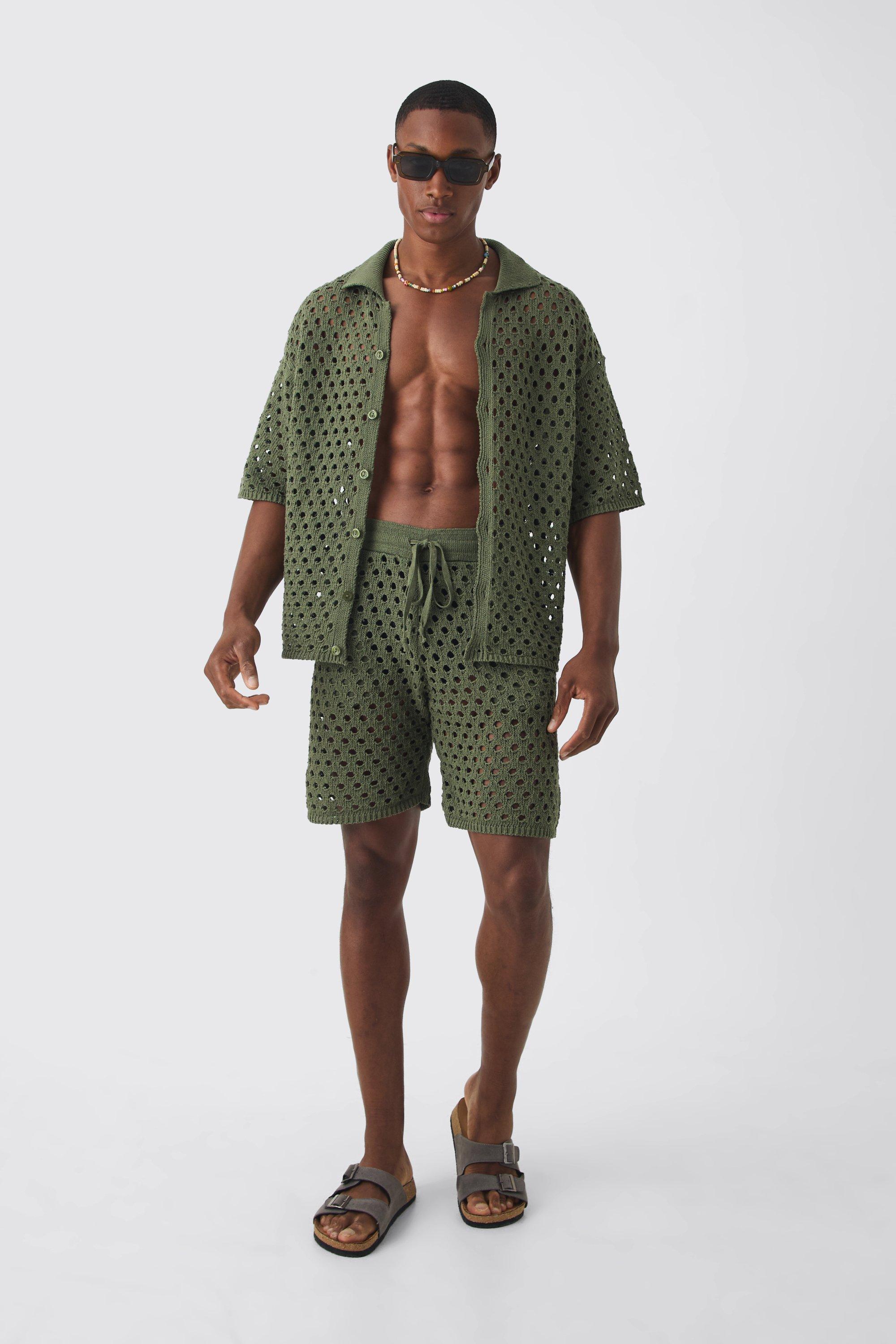 Mens Green Oversized Open Stitch Shirt & Short Set, Green