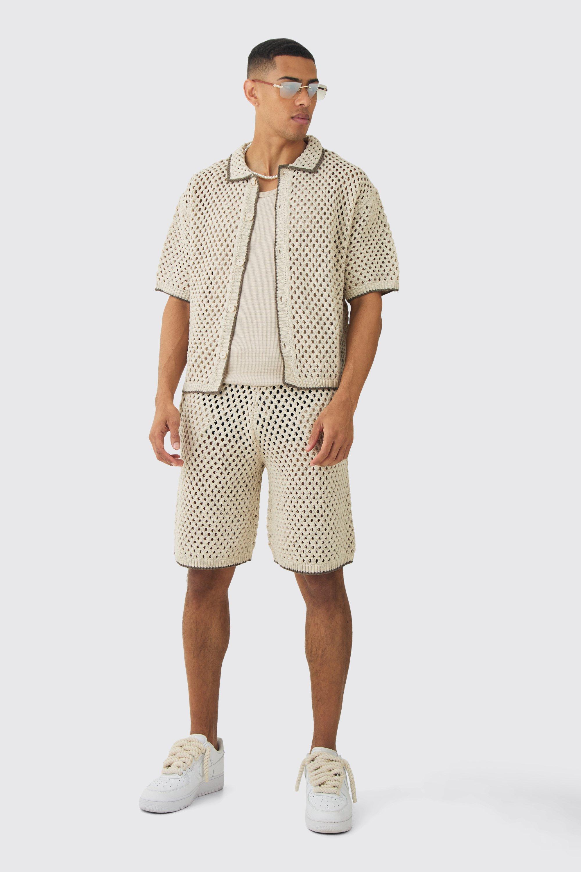 Mens Beige Oversized Boxy Open Stitch Contrast Tipping Shirt & Short Set With Metal Tab, Beige