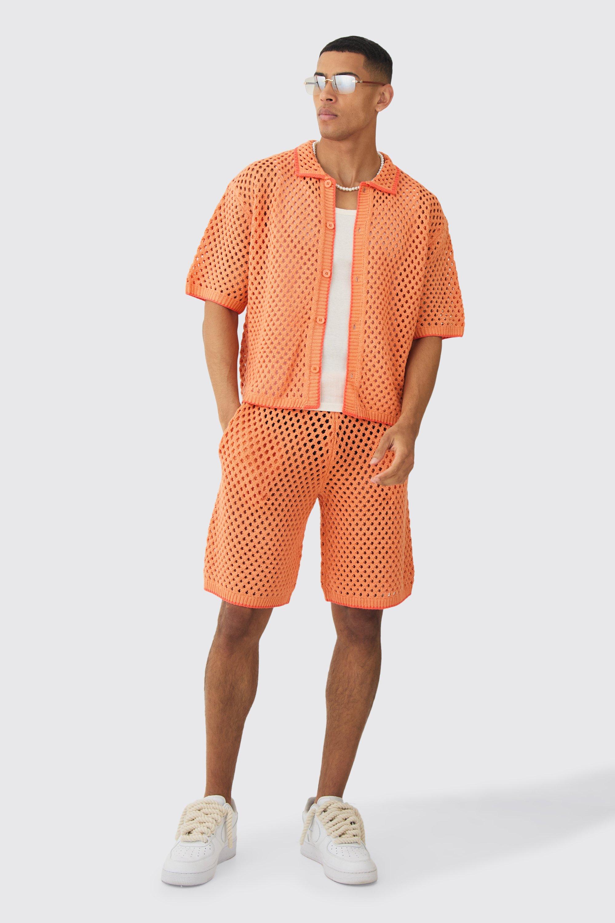 Set camicia squadrata oversize con cuciture a contrasto e righe a contrasto, Arancio