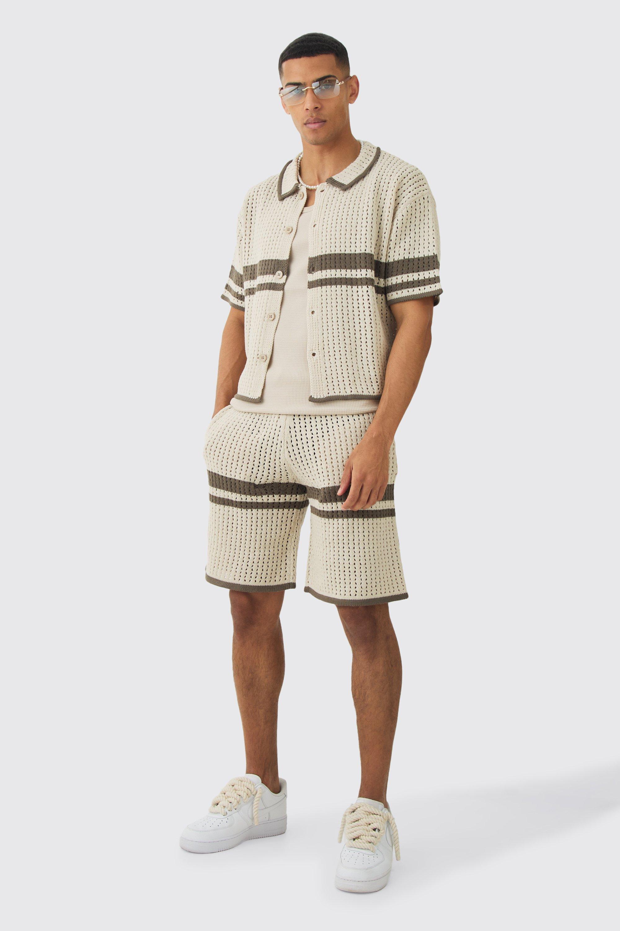 Mens Beige Oversized Boxy Open Stitch Colour Block Shirt & Short Set, Beige