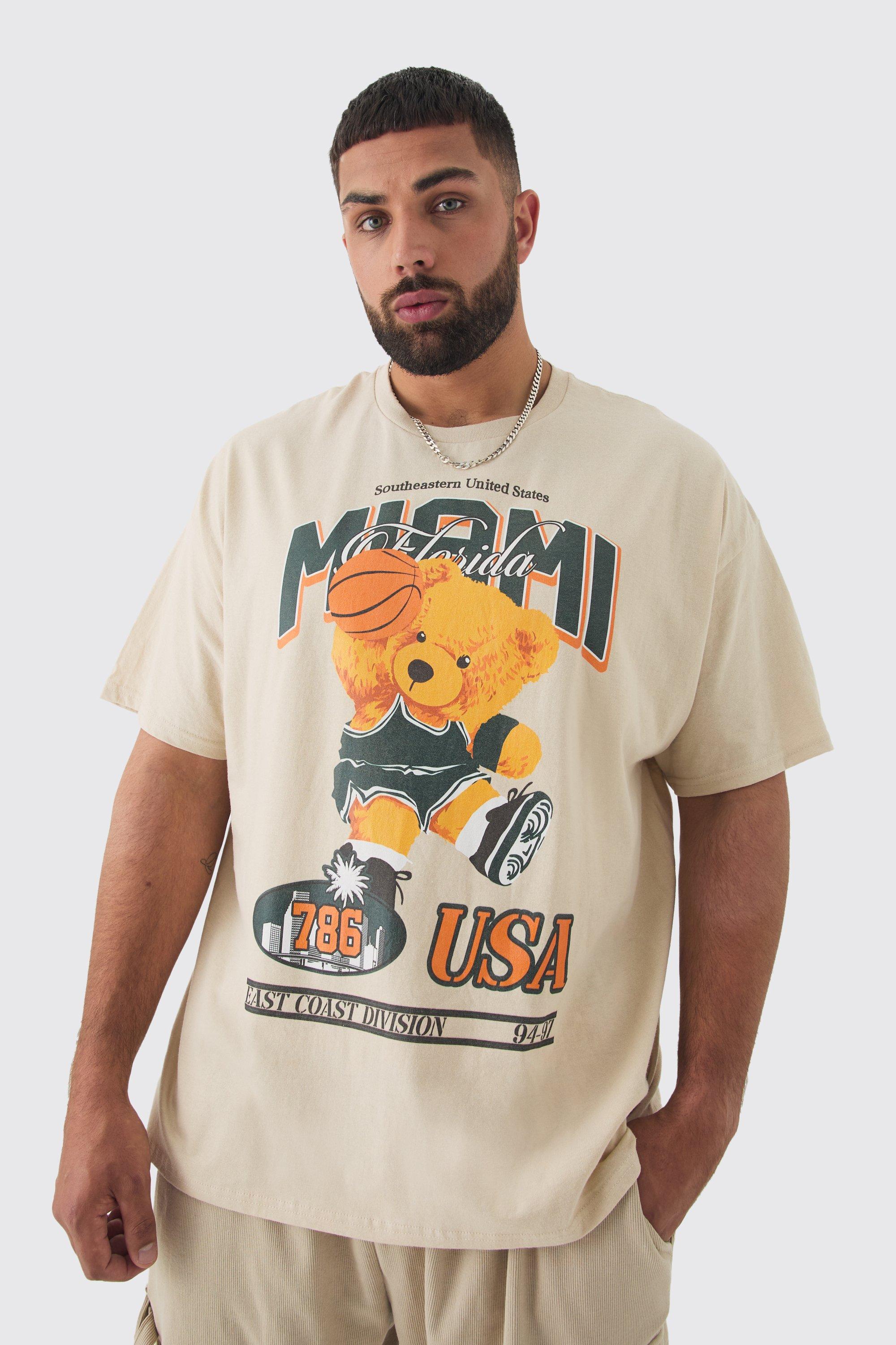 Mens Beige Plus Oversized Varsity Teddy Graphic T-shirt, Beige