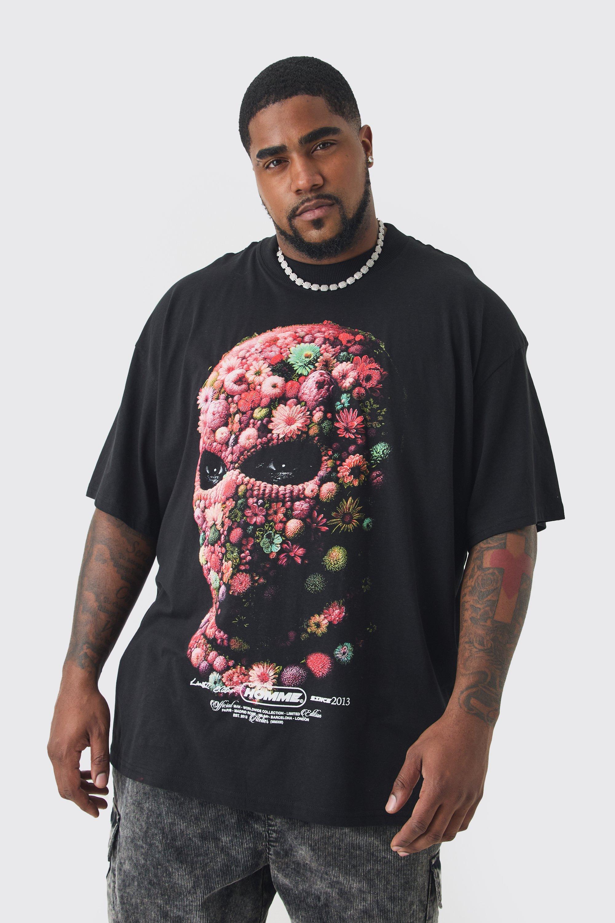 T-shirt Plus Size oversize a fiori con maschera, Nero