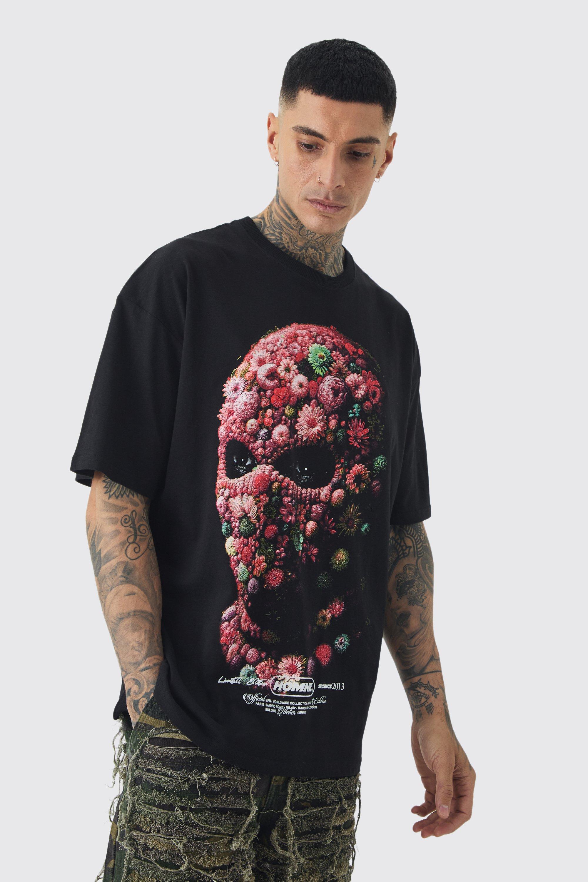 T-shirt Tall oversize a fiori con maschera, Nero