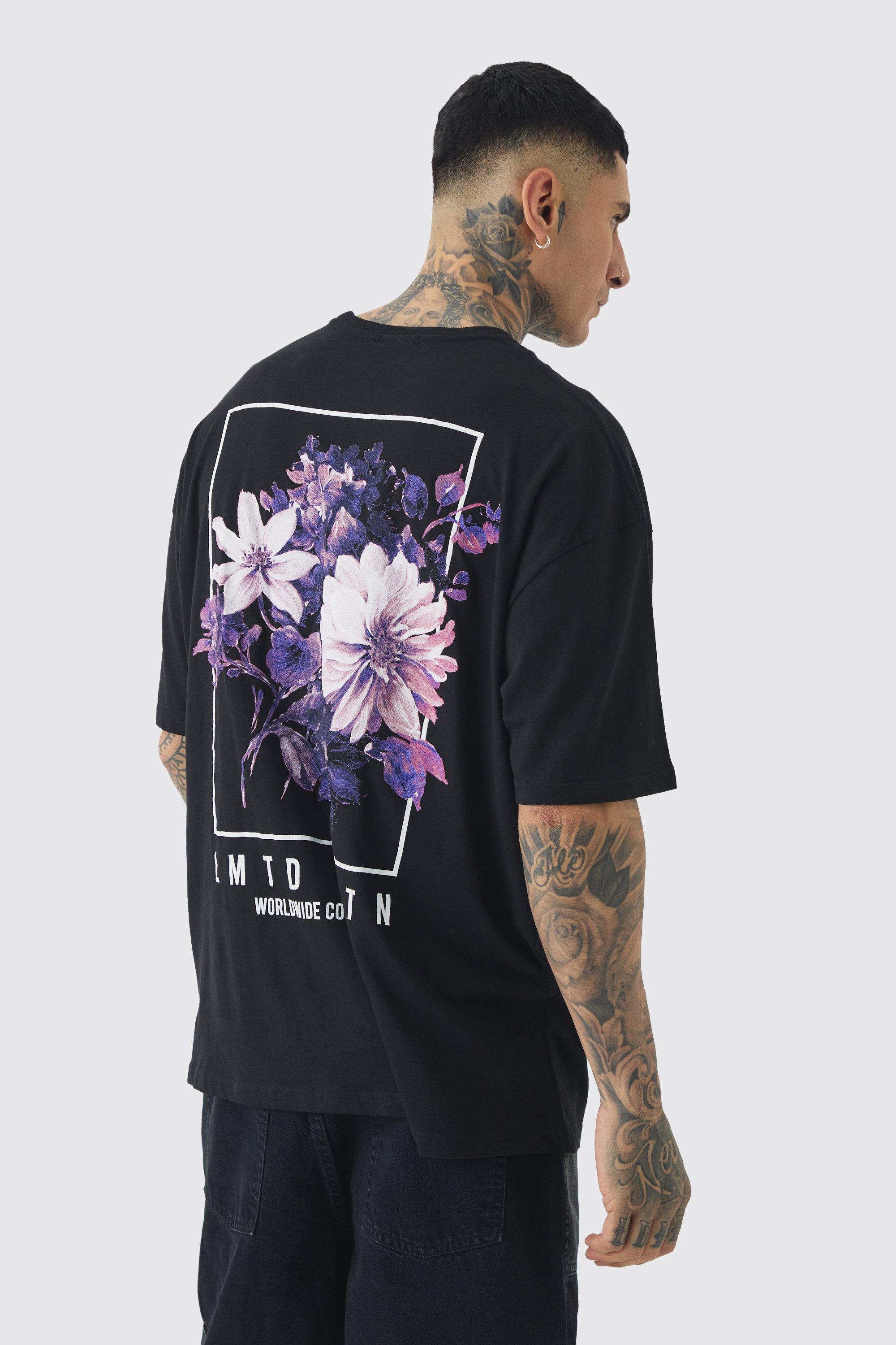 Mens Black Tall Oversized Floral Back Graphic T-shirt, Black