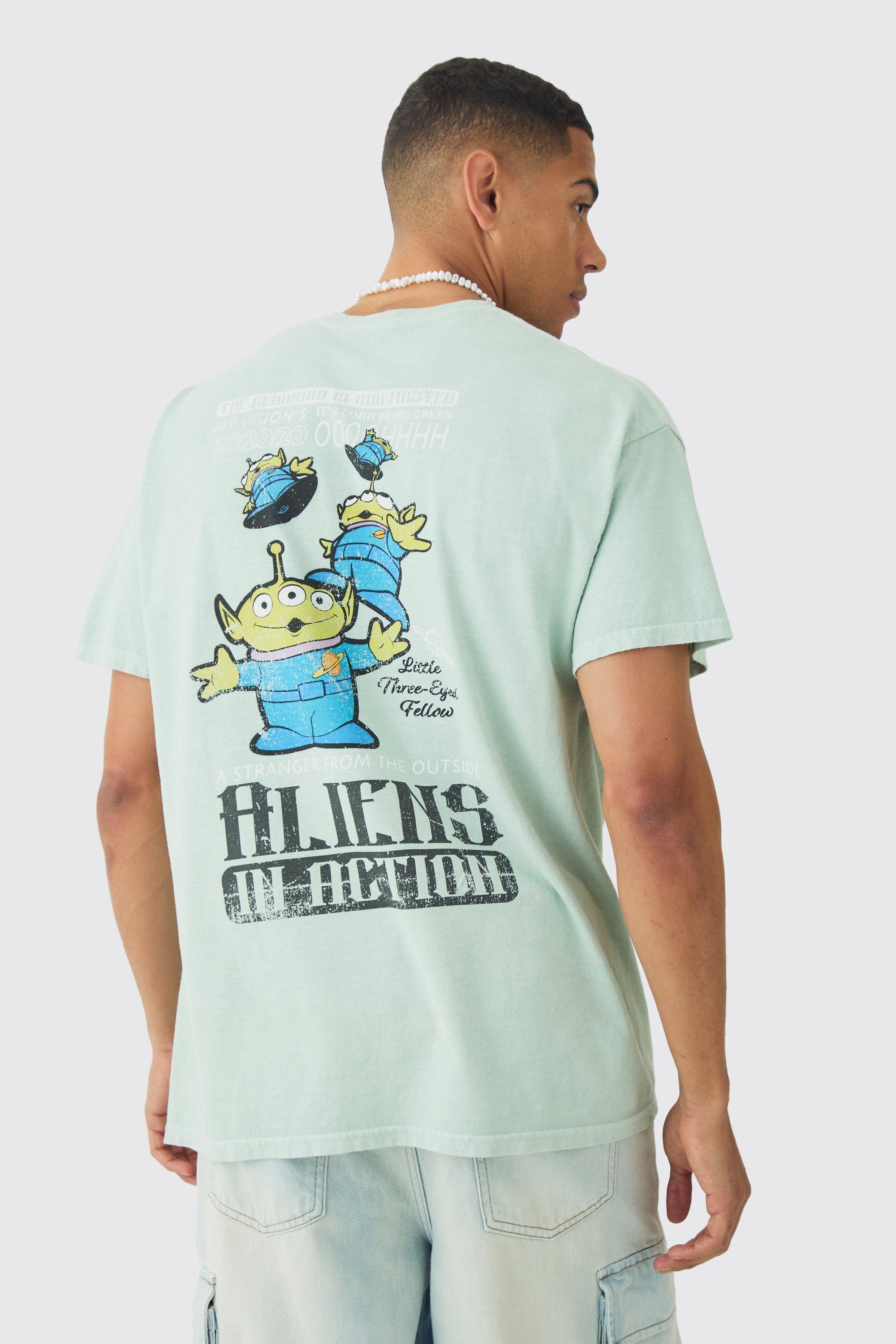 Mens Green Oversized Aliens Toy Story Disney Wash License Back Print T-shirt, Green