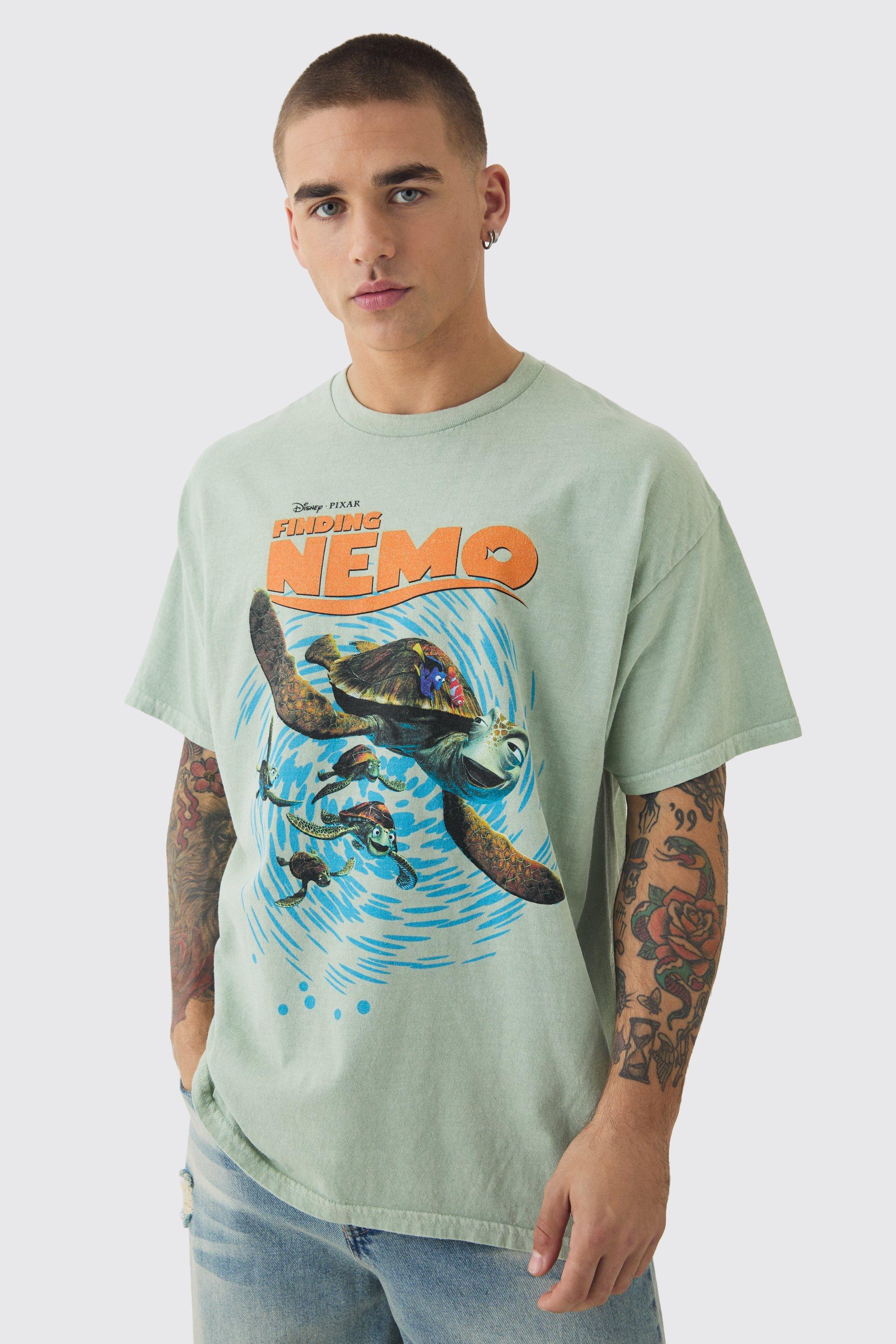 Mens Green Oversized Finding Nemo Wash License Print T-shirt, Green