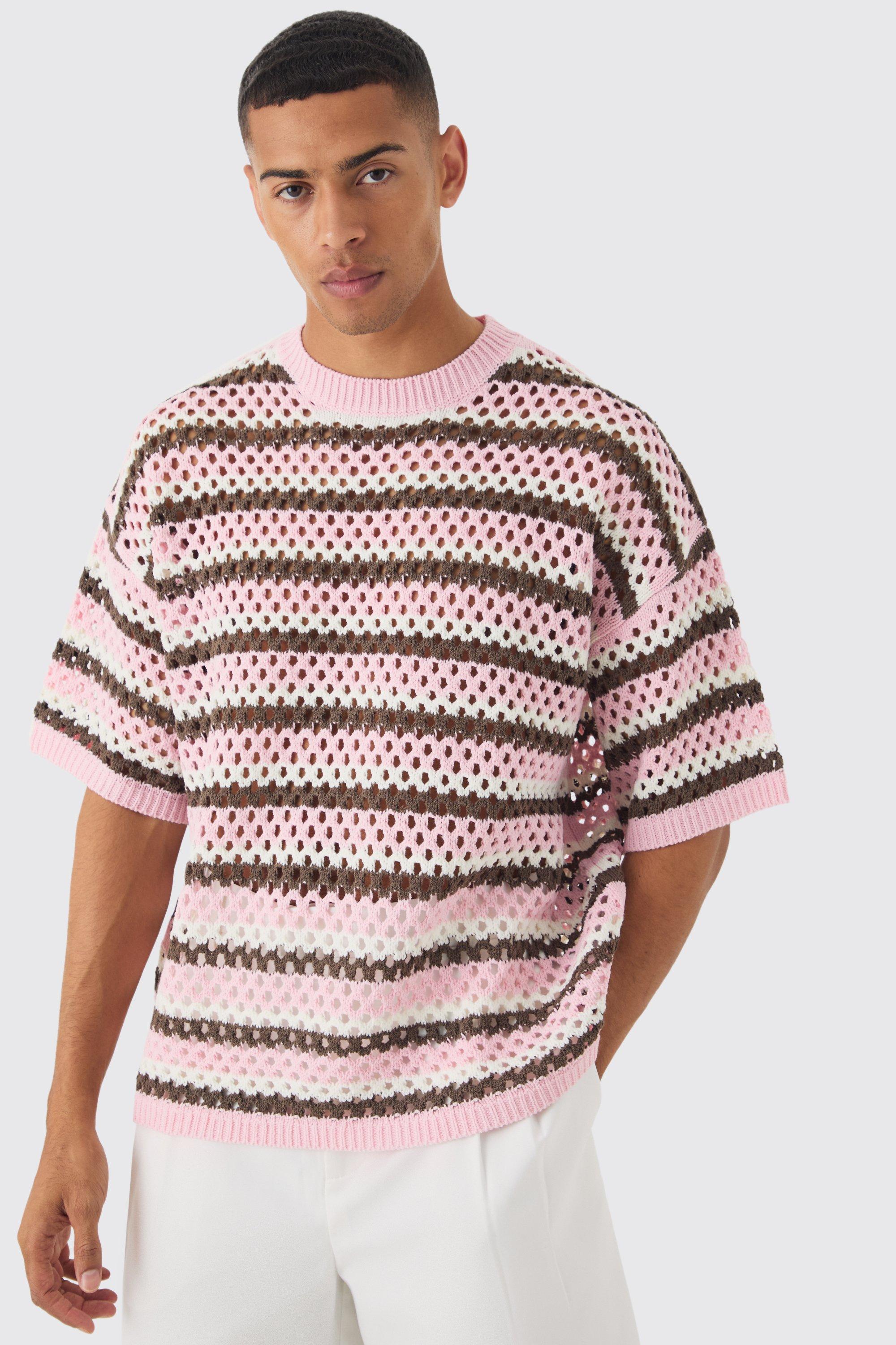 T-shirt squadrata oversize in maglia a righe orizzontali traforate, Pink