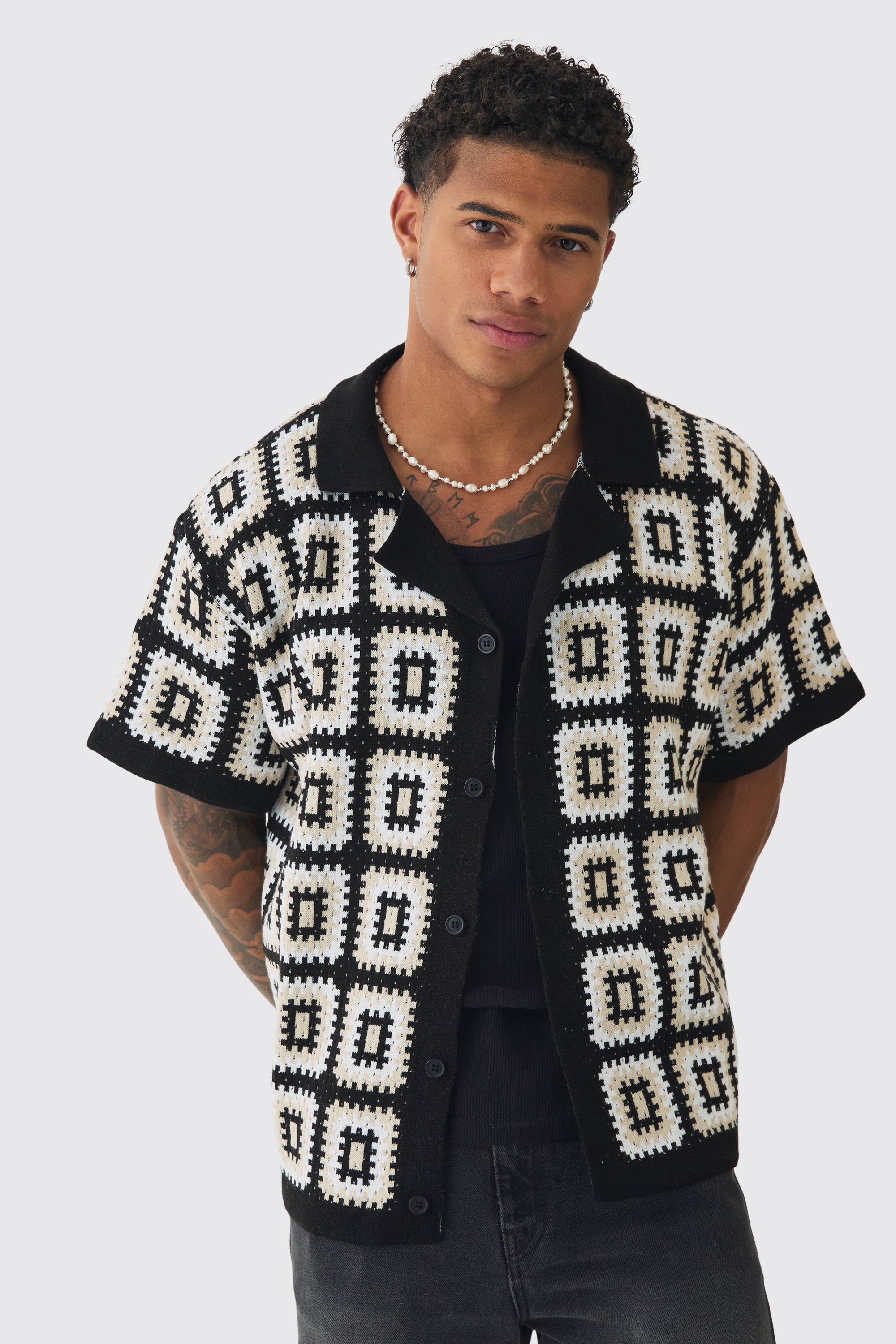 Mens Black Oversized Boxy Crochet Knit Revere Shirt, Black